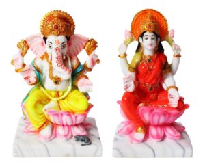 colorful marble lakshmi ganesh idol seated on lotus for home temple – Sigma HandiCraft