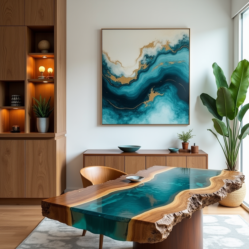 Modern interior featuring handmade resin art, including a glossy blue resin river table, an ocean-inspired resin wall painting in teal and gold, and decorative resin coasters and trays, all surrounded by warm lighting and natural wood accents.