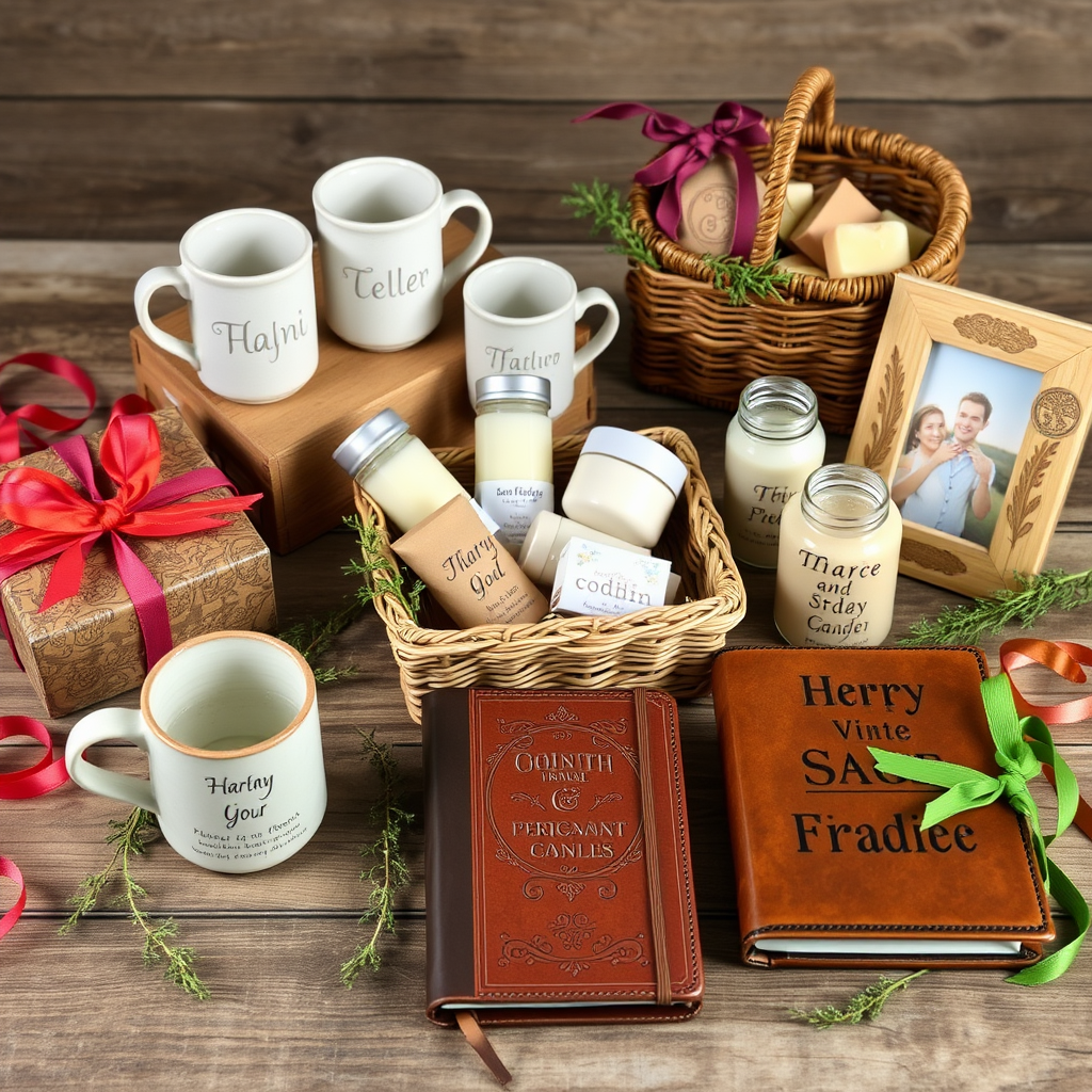 An assortment of beautifully handcrafted gifts arranged on a wooden table. The display includes personalized pottery mugs, handwoven baskets filled with artisanal soaps and candles, intricately carved wooden photo frames, and leather-bound journals with custom embossing. Surrounding the gifts are fresh greenery and colorful ribbons, creating a cozy and inviting ambiance. The image conveys a sense of creativity, craftsmanship, and thoughtfulness, inspiring viewers to consider the meaningful impact of personalized handcrafted gifts for various occasions.