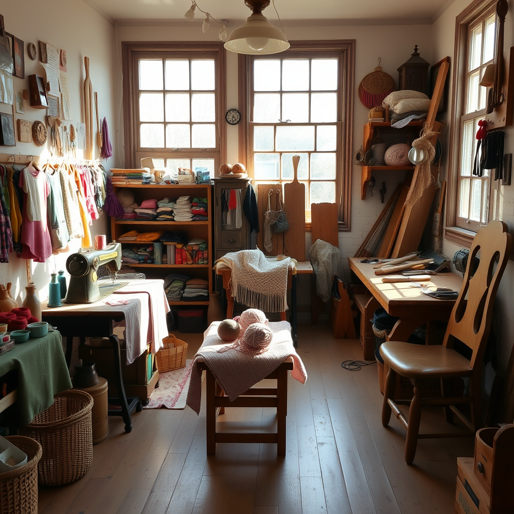 "A cozy artisan workshop featuring multiple handicraft techniques, including a sewing station with colorful fabrics and a vintage sewing machine, a knitting area with yarn and needles, and a woodworking bench with tools and a half-carved wooden chair. Natural light streams through large windows, highlighting the textures of fabric, yarn, and wood."