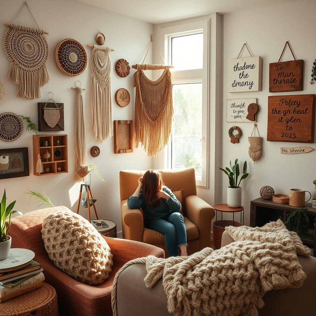 A cozy living room adorned with handmade decorations including knitted throw pillows, macrame wall hangings, and painted wooden signs. A person sitting in an armchair admires the unique and personal touches filling the room. Natural light highlights the intricate details of the handicrafts, creating a warm and inviting atmosphere. Handwritten inspirational quotes embellish the walls. This image represents the use of handicrafts for personalized home decor in 2025.