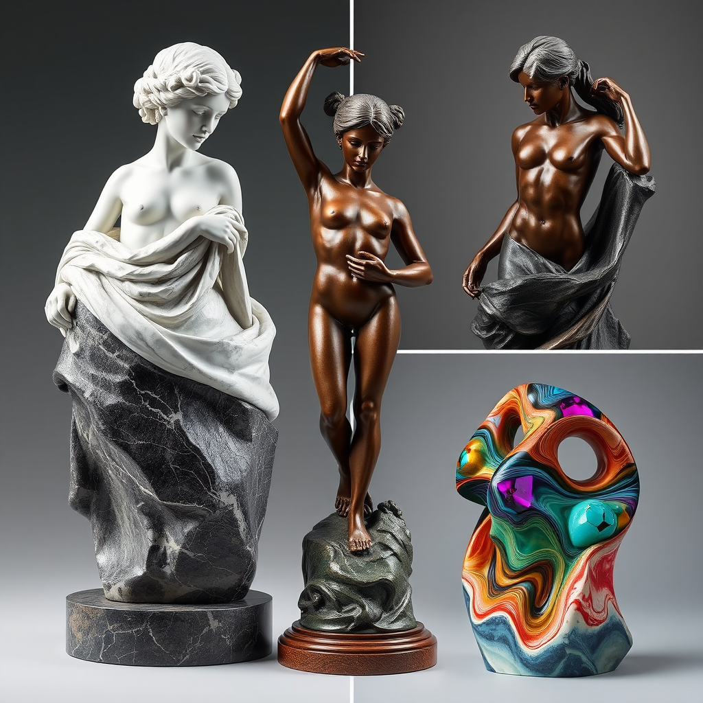 Collage of three charisma sculptures: marble, bronze, and resin. Marble sculpture features intricate details, bronze sculpture is bold and dynamic, resin sculpture is colorful and modern with a glossy finish.