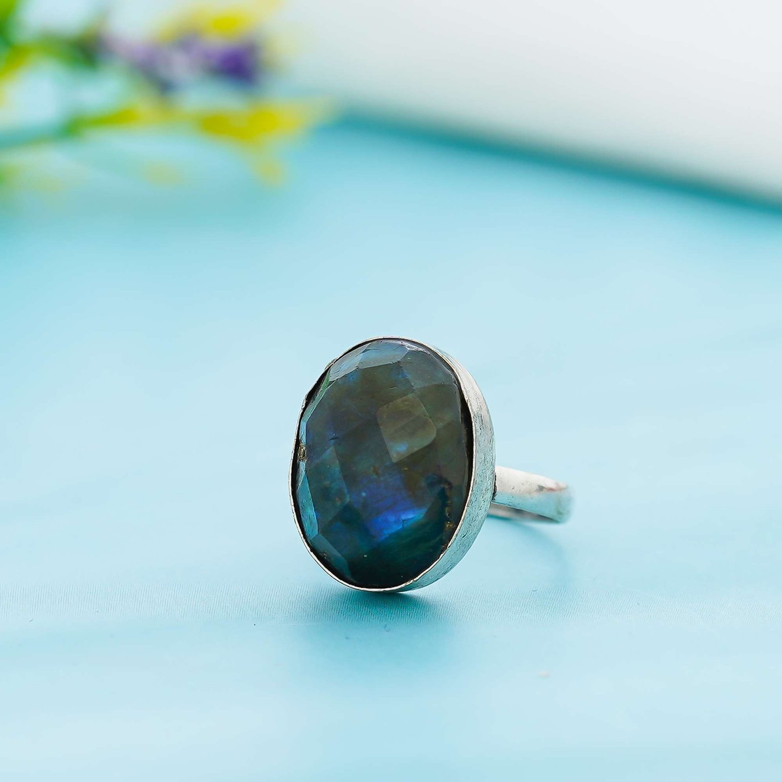 Natural labradorite drop ring with iridescent gemstone for protection and balance