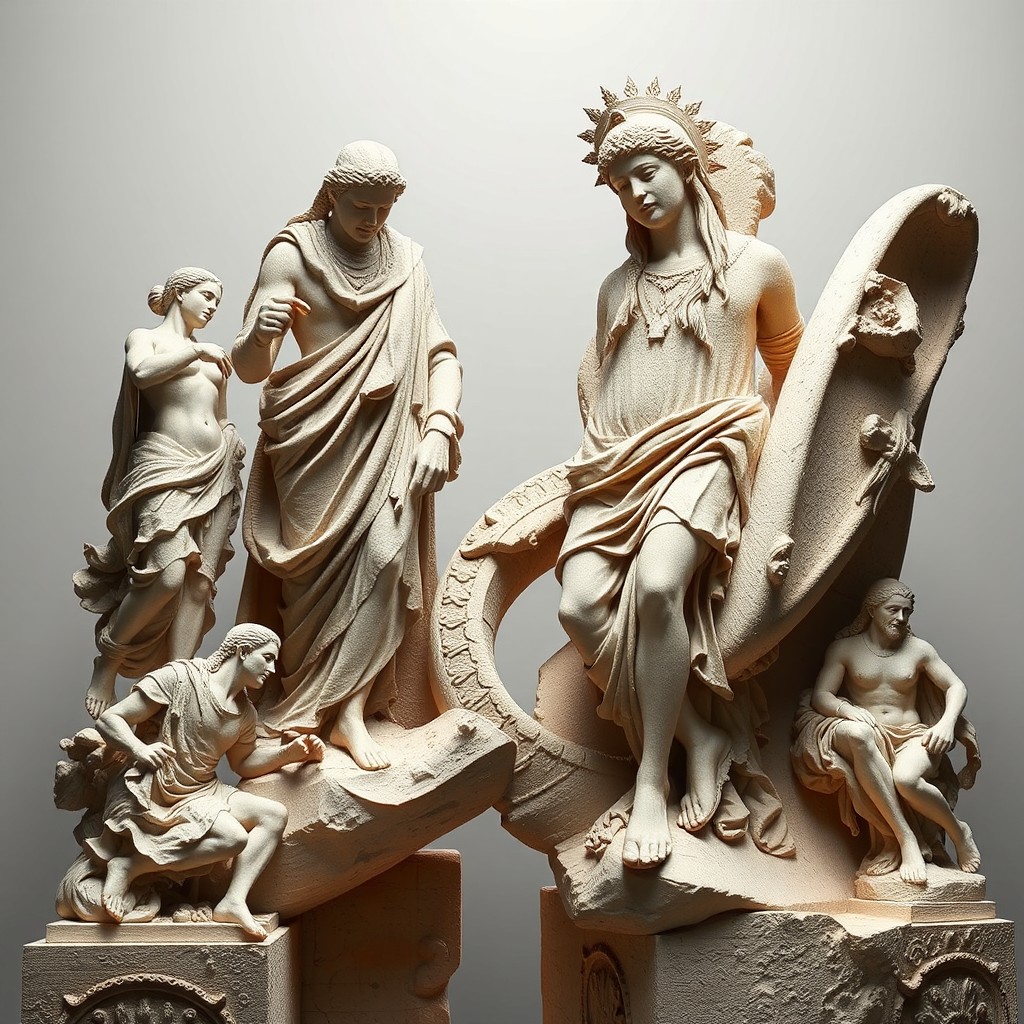 Adventures in Sculpture: A journey through the ages of sculpture, featuring a blend of ancient Greek and modern artworks symbolizing the evolution of this powerful and enchanting art form.