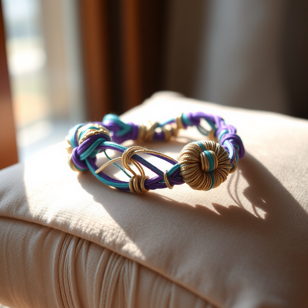 Close-up photograph of a vibrant handmade silk thread bracelet with intricate patterns and colorful threads, resting on a soft velvet cushion, showcasing the artistry and allure of handmade silk thread jewelry.