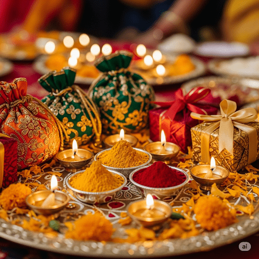 Haldi Kumkum ceremony gifts with brass diyas and potli bags