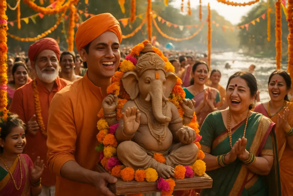 Ganesh Visarjan 2025 procession with devotees carrying eco-friendly clay Ganesha idol during Anant Chaturdashi celebrations in India.