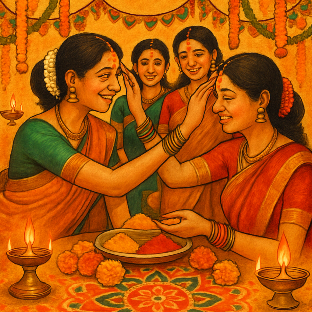 Women performing Haldi Kumkum rituals and celebration, applying haldi and kumkum on each other’s foreheads, with brass diyas and marigold decorations