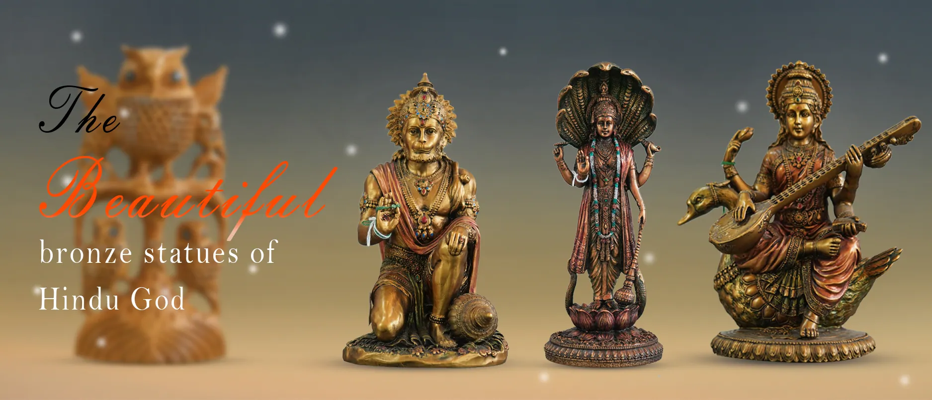 Hindu gods statues of Hanuman Ji, Lord Vishnu, and Maa Saraswati in handcrafted resin
