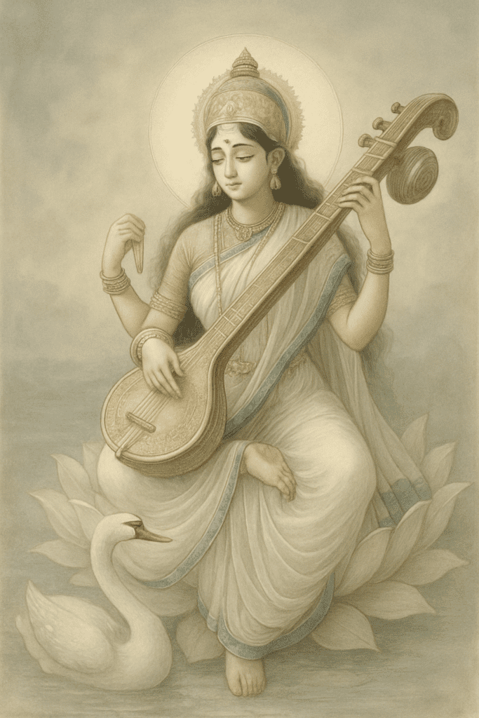 Artistic depiction of Maa Saraswati, the Hindu goddess of knowledge and arts, playing the veena while seated on a lotus with a swan nearby