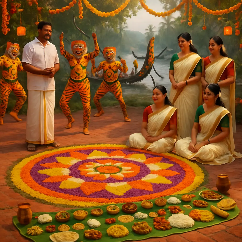 Colorful Onam Festival 2025 celebration in Kerala with traditional Pookalam flower rangoli, cultural dance, and Onam Sadhya feast.