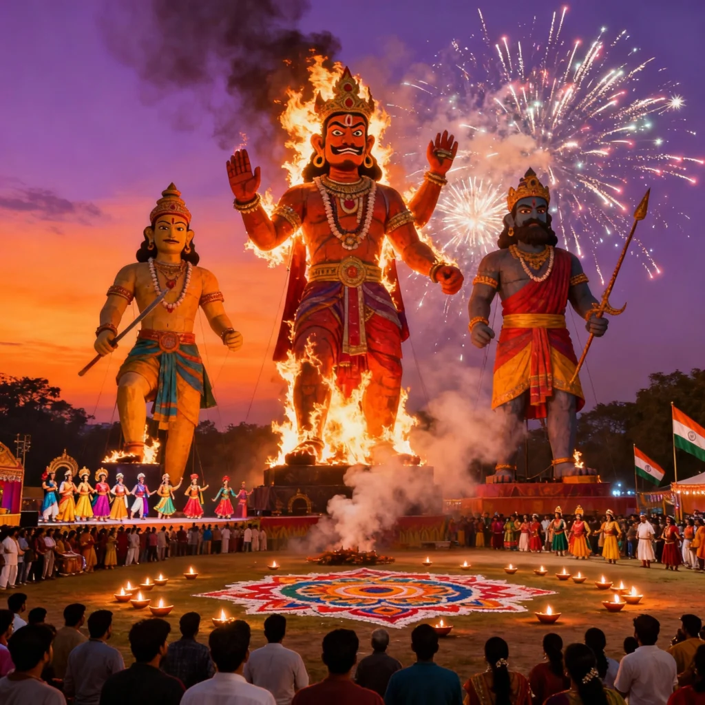 Ravana effigy burning during Dussehra 2025 celebration with fireworks and crowd watching