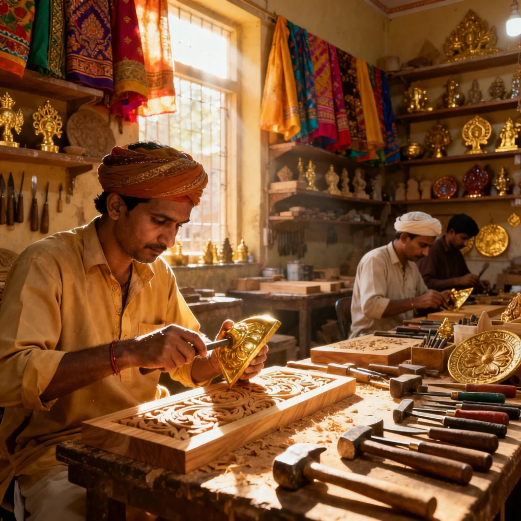 Artisans crafting authentic Indian handicrafts in a traditional Jaipur workshop with wooden and brass home decor items – Sigma Handicraft