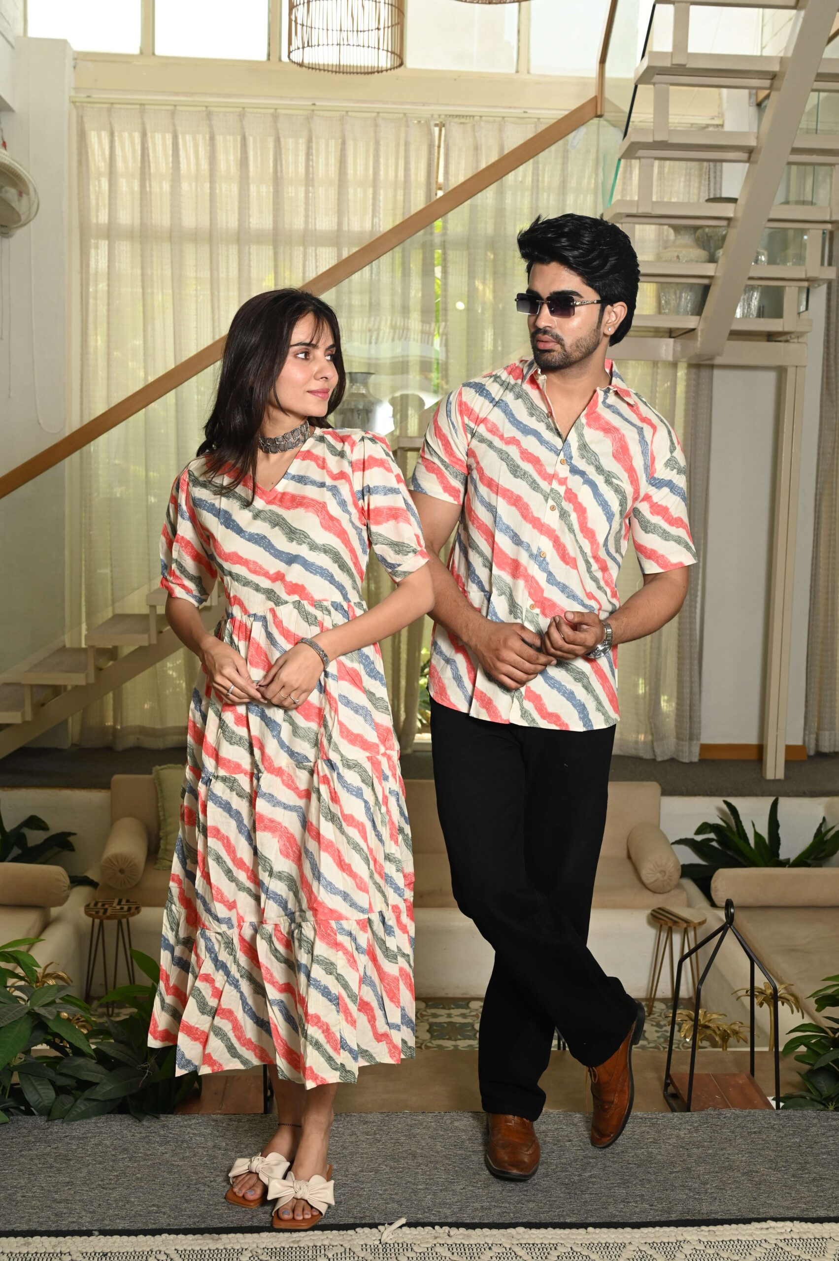 Couple Matching Cream Cotton Anarkali Midi Dress and Shirt Set ? Wavy Red & Blue Stripes Handcrafted Decor Item for Home Decor – Sigma HandiCraft