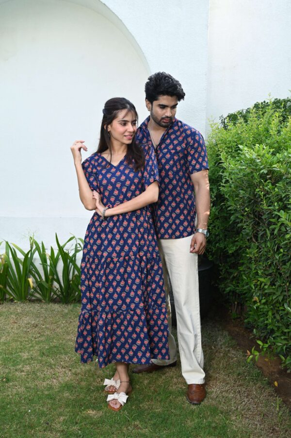Couple Matching Navy Blue Cotton Printed Anarkali Midi Dress & Shirt Set ?  Casual & Festive Wear | Buy Couple Matching Navy Blue Cotton Printed  Anarkali Midi Dress & Shirt Set ?