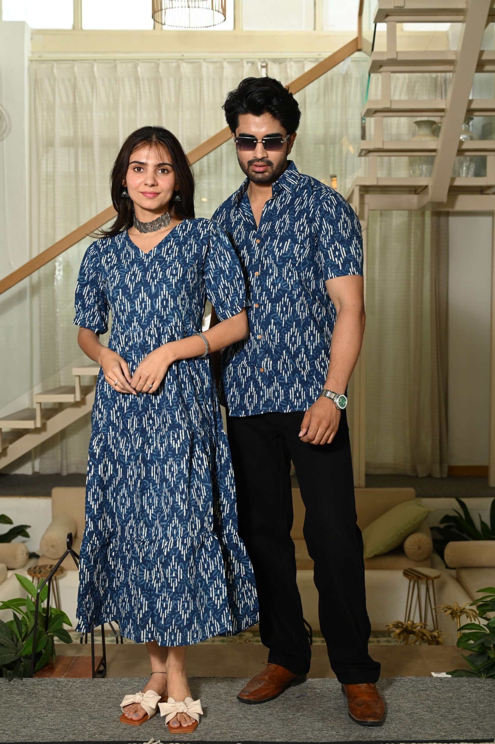 Couple Matching Blue Ikat Print Cotton Anarkali Midi Dress and Shirt Set Handcrafted Craft for Home Decor – Sigma HandiCraft