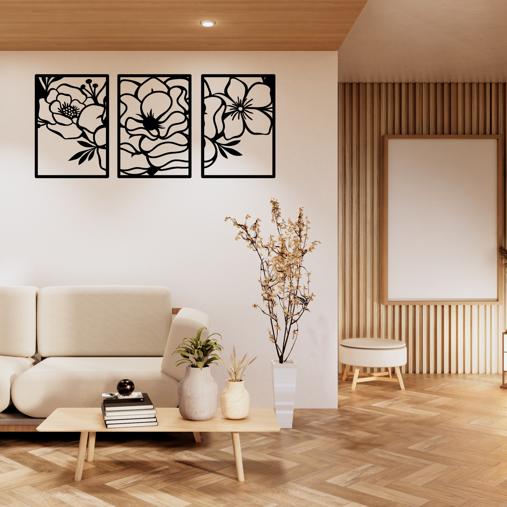 Elegant Floral MDF Wall Art Panel for Stylish Modern Interiors Three panel floral MDF wall art panel displayed in a modern living room setting – Sigma HandiCraft