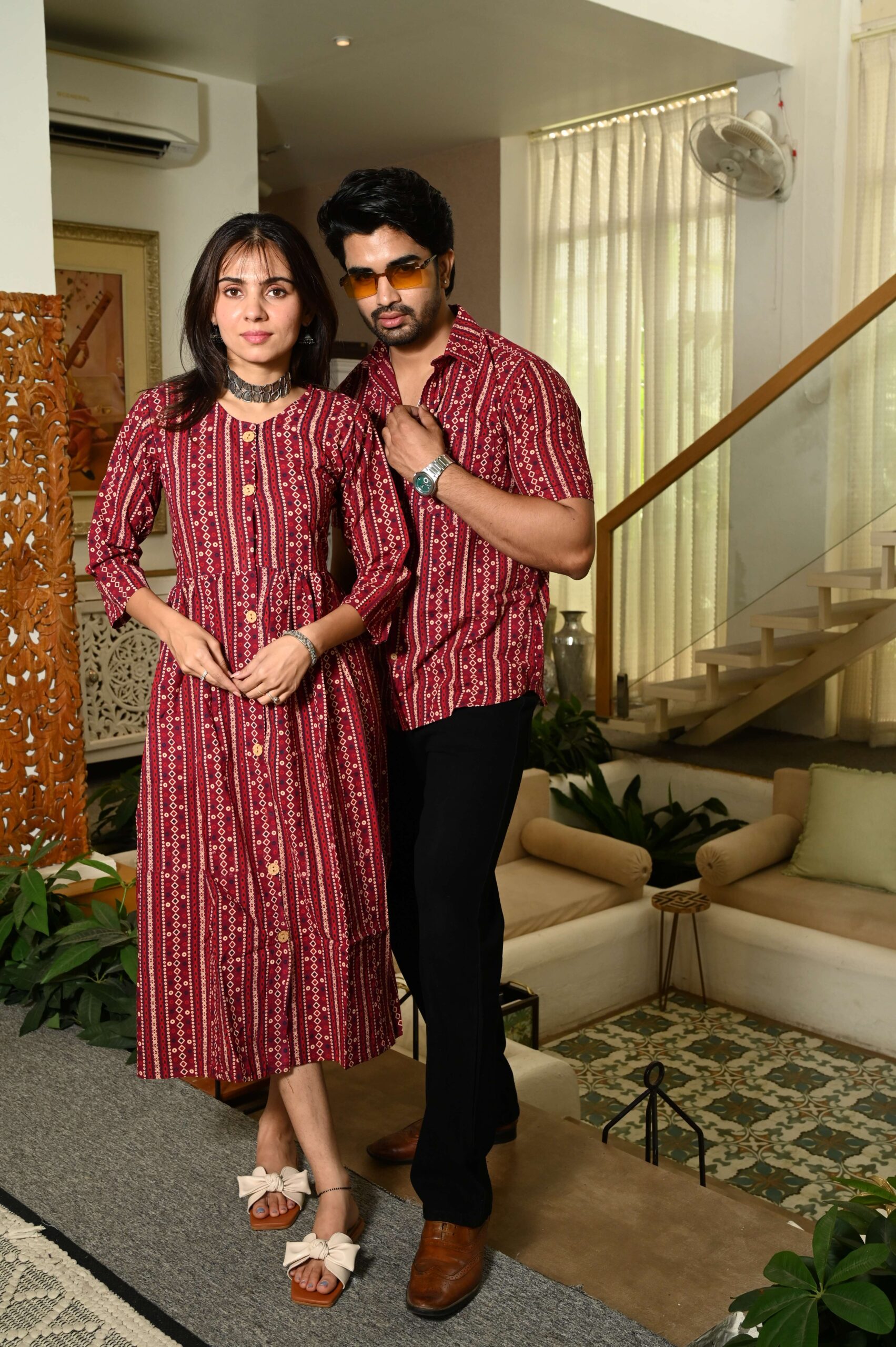 Couple Matching Maroon Cotton Anarkali Midi Dress and Shirt Set ? Vertical Stripe Ethnic Print Handcrafted Decor Item for Home Decor – Sigma HandiCraft