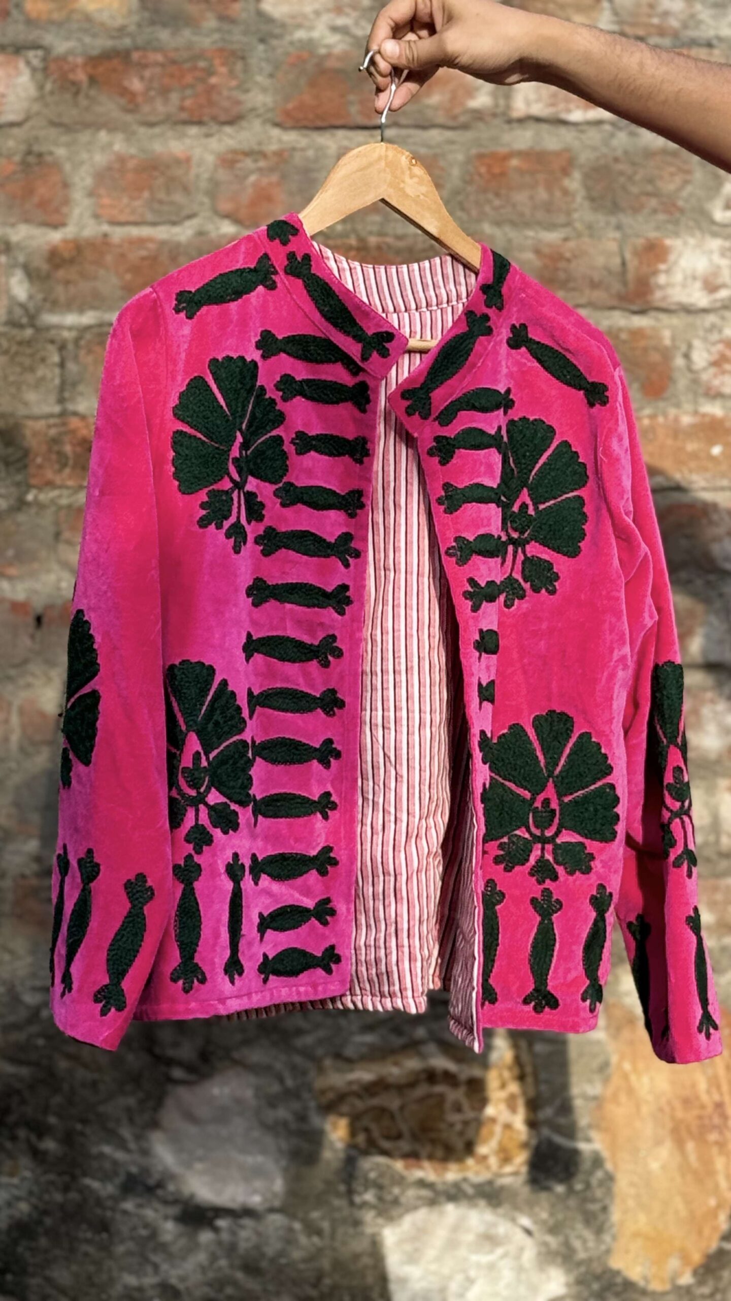 Womens Pink Velvet Embroidered Jacket with Floral Design Handcrafted Art for Home Decor – Sigma HandiCraft