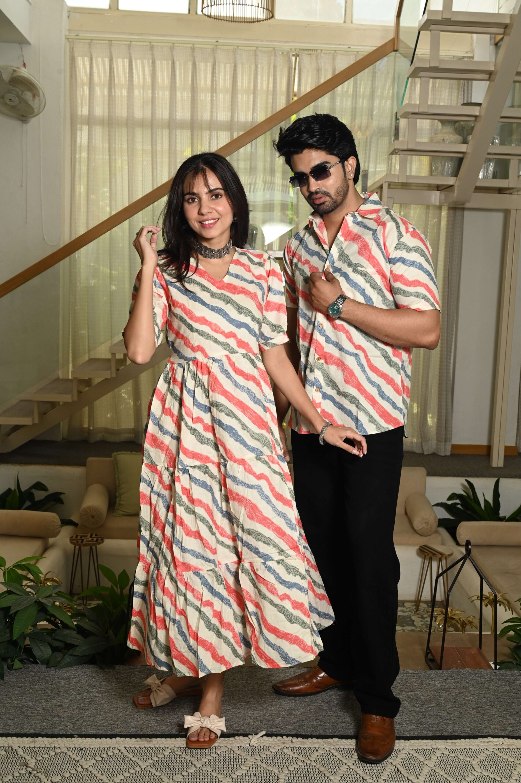 Couple Matching Cream Cotton Anarkali Midi Dress and Shirt Set ? Wavy Red & Blue Stripes Handcrafted Decor Item for Home Decor – Sigma HandiCraft