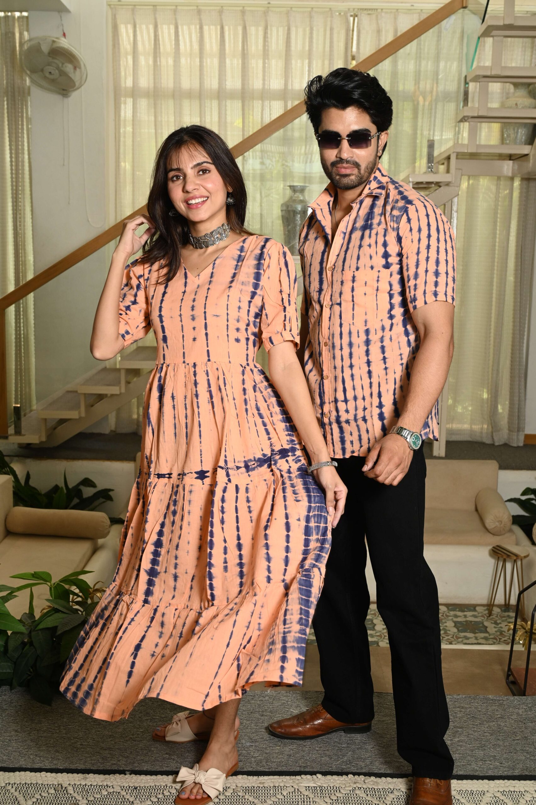 Couple Matching Peach Printed Cotton Anarkali Midi Dress & Shirt Set ? Summer Casual Wear Handcrafted Decor Item for Home Decor – Sigma HandiCraft