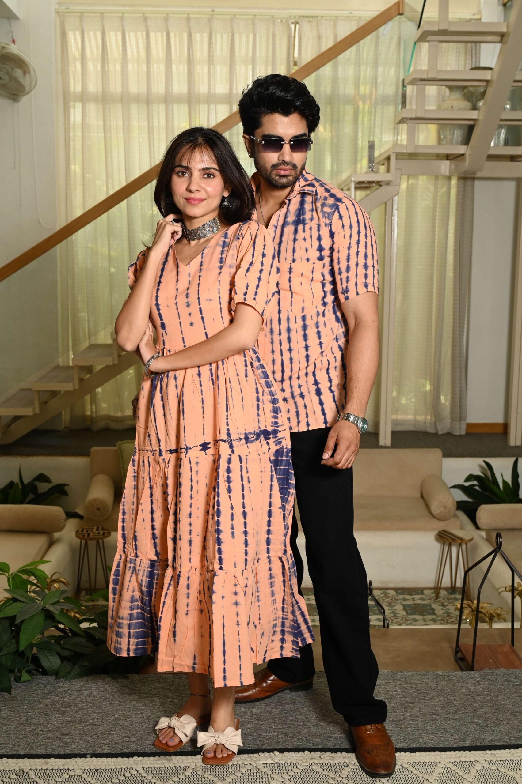 Couple Matching Peach Printed Cotton Anarkali Midi Dress & Shirt Set ? Summer Casual Wear Handcrafted Decor Item for Home Decor – Sigma HandiCraft