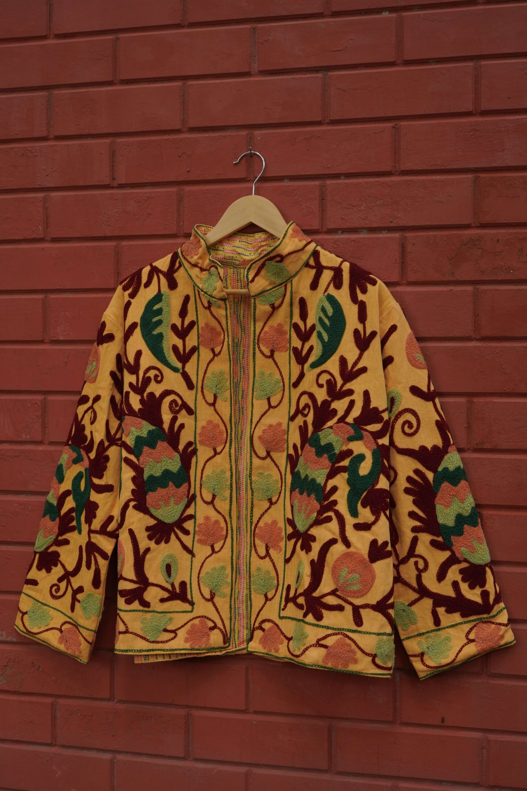 Womens Yellow Velvet Embroidered Jacket with Floral Design Handcrafted Art for Home Decor – Sigma HandiCraft