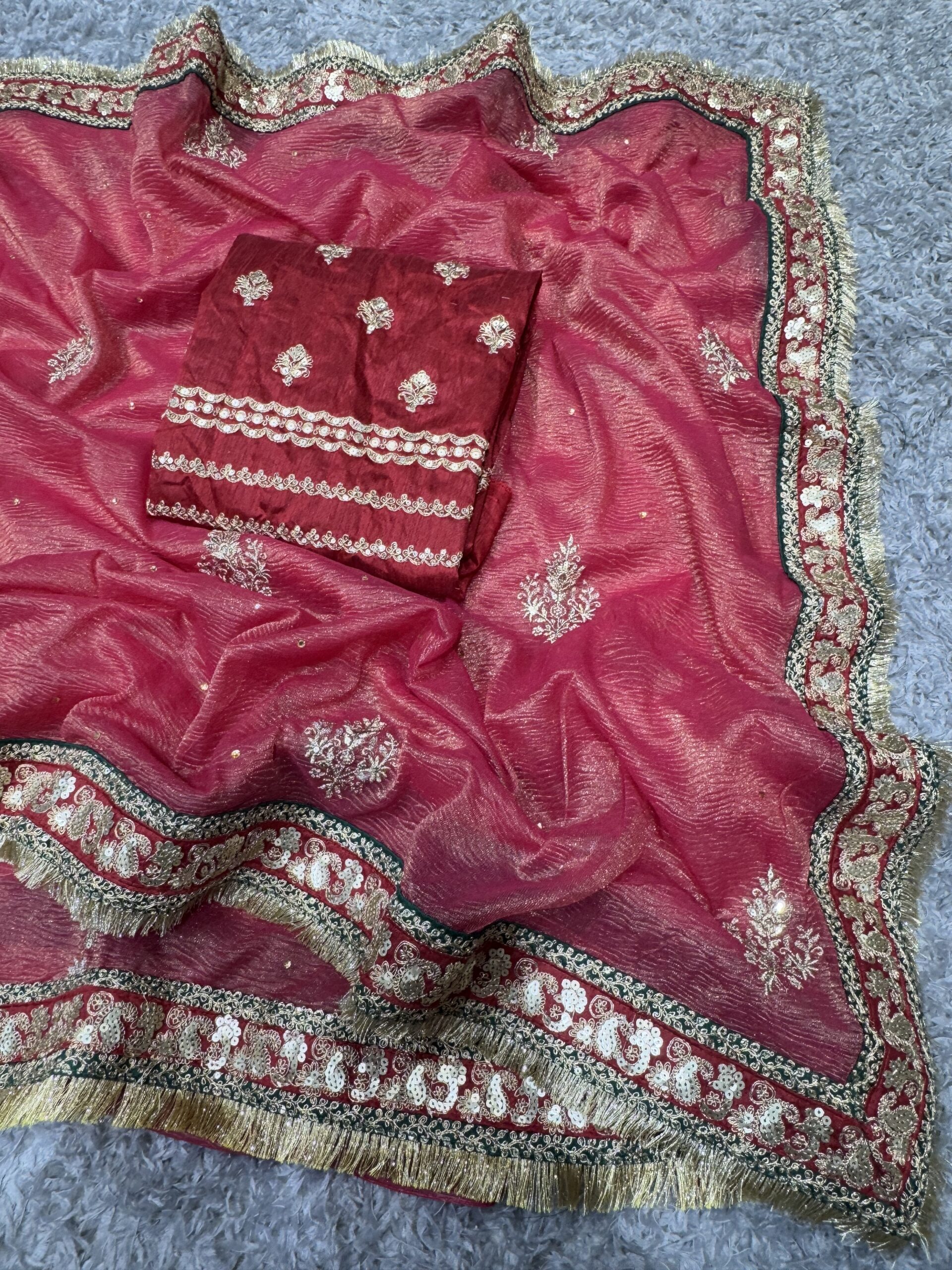 Women's Radiant Rani Pink Banarasi Crush Saree with Gota Patti & Sequin Embellished Border – Complete with Heavily Worked Blouse for Festive & Wedding Wear Wood Decor Item for Home Decor – Sigma HandiCraft