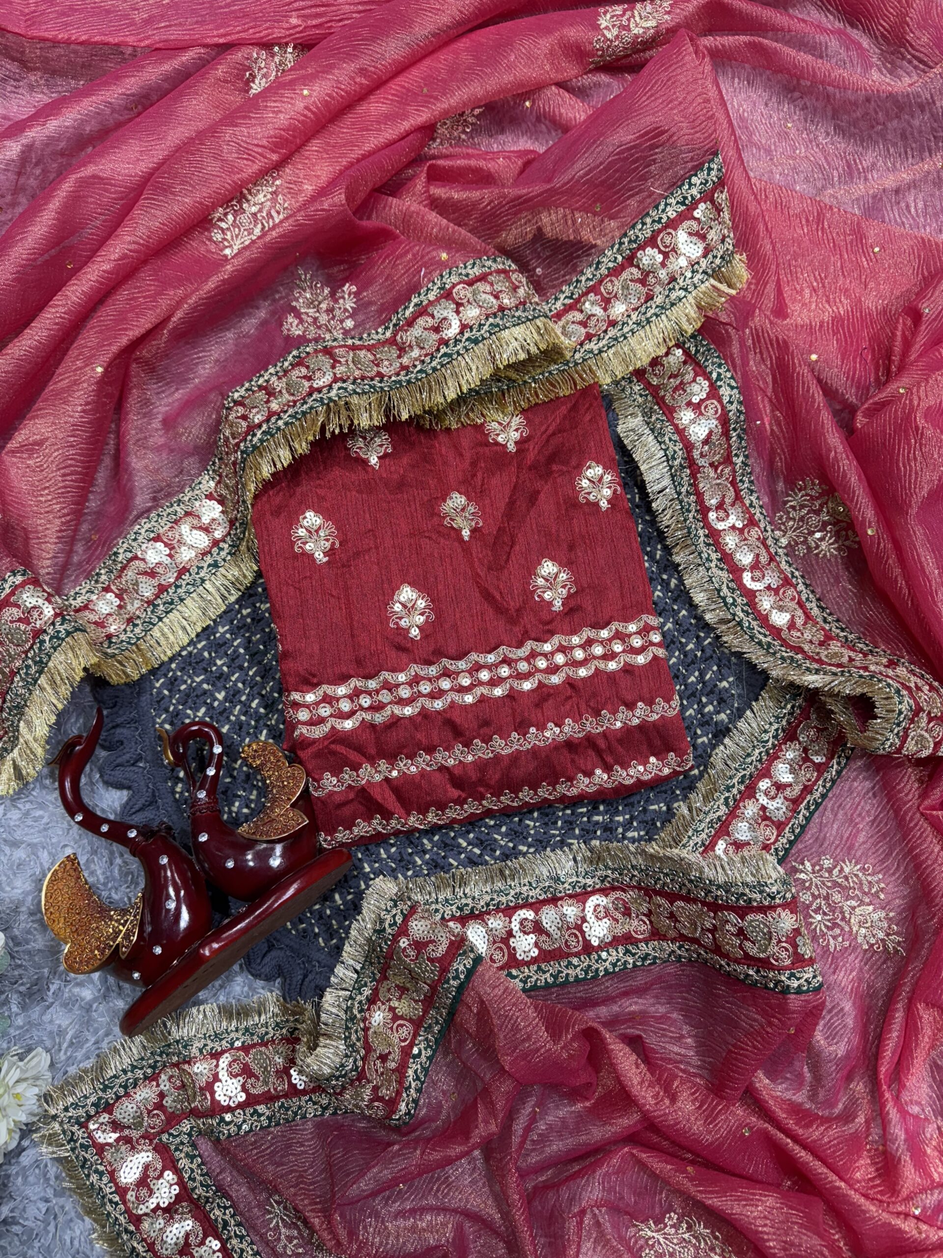 Women's Radiant Rani Pink Banarasi Crush Saree with Gota Patti & Sequin Embellished Border – Complete with Heavily Worked Blouse for Festive & Wedding Wear Wood Decor Item for Home Decor – Sigma HandiCraft