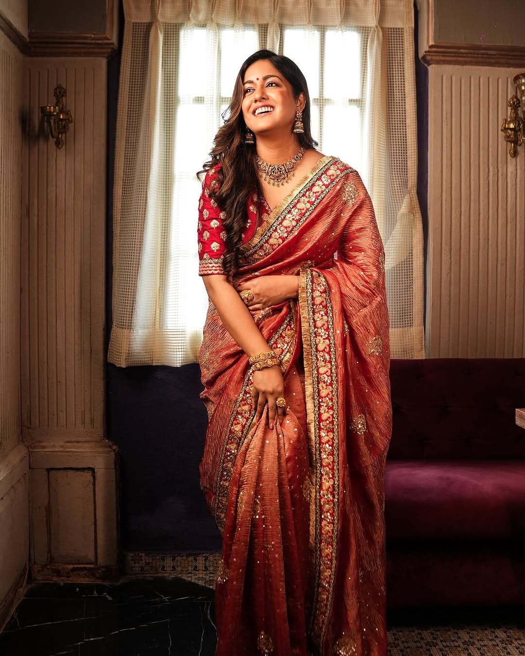 Women's Radiant Rani Pink Banarasi Crush Saree with Gota Patti & Sequin Embellished Border – Complete with Heavily Worked Blouse for Festive & Wedding Wear Wood Decor Item for Home Decor – Sigma HandiCraft