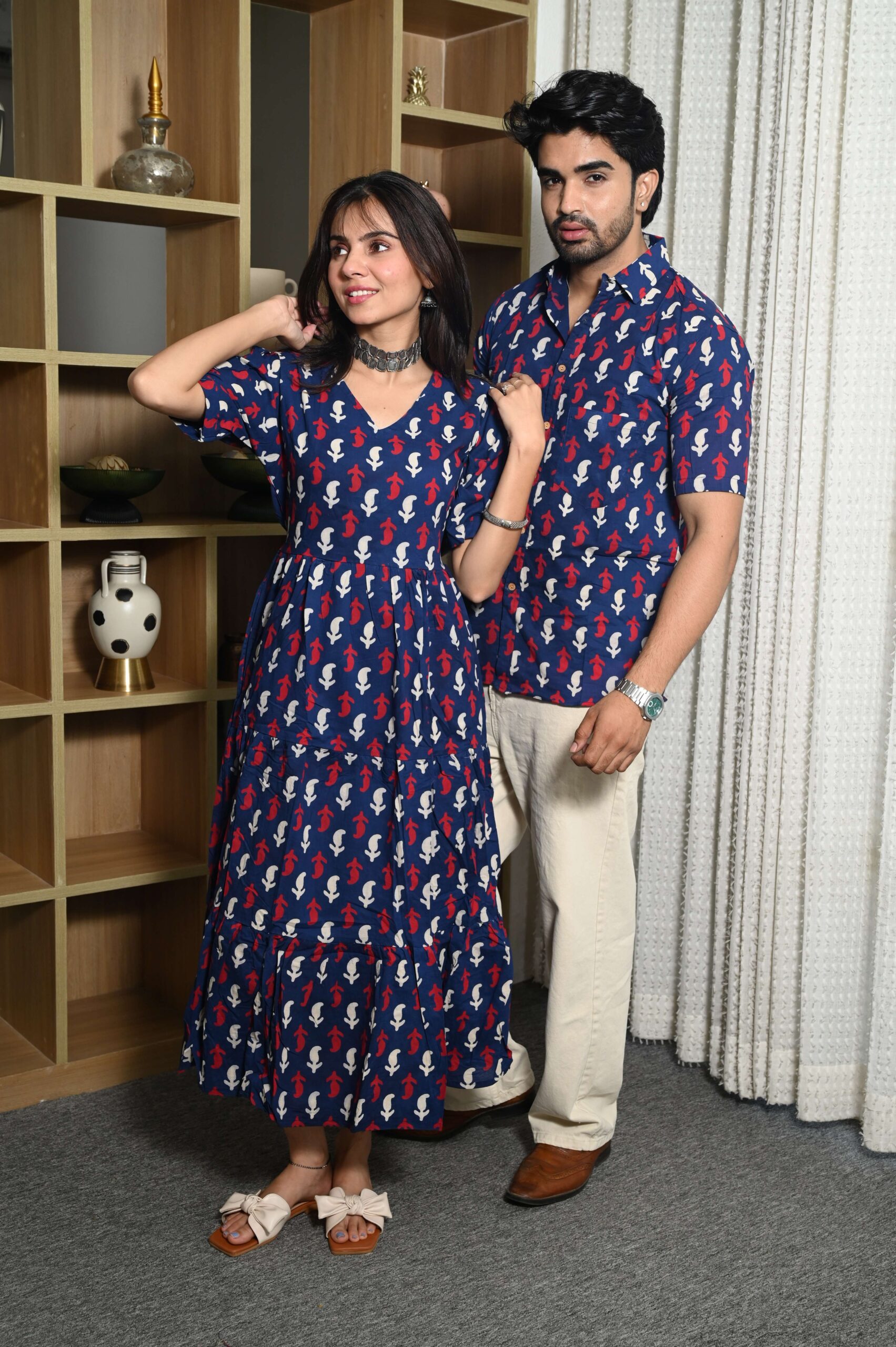 Couple Matching Navy Blue Cotton Anarkali Midi Dress and Shirt Set ? Red & White Abstract Print Handcrafted Decor Item for Home Decor – Sigma HandiCraft