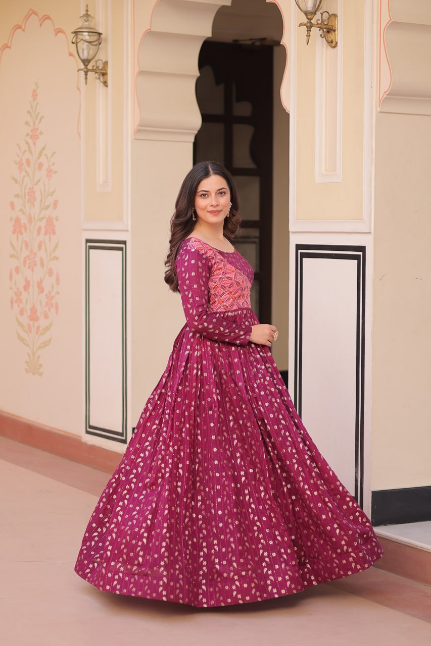 Women's Cotton Printed Anarkali Gown Dress with Embroidered Yoke Design Handcrafted Craft for Home Decor – Sigma HandiCraft