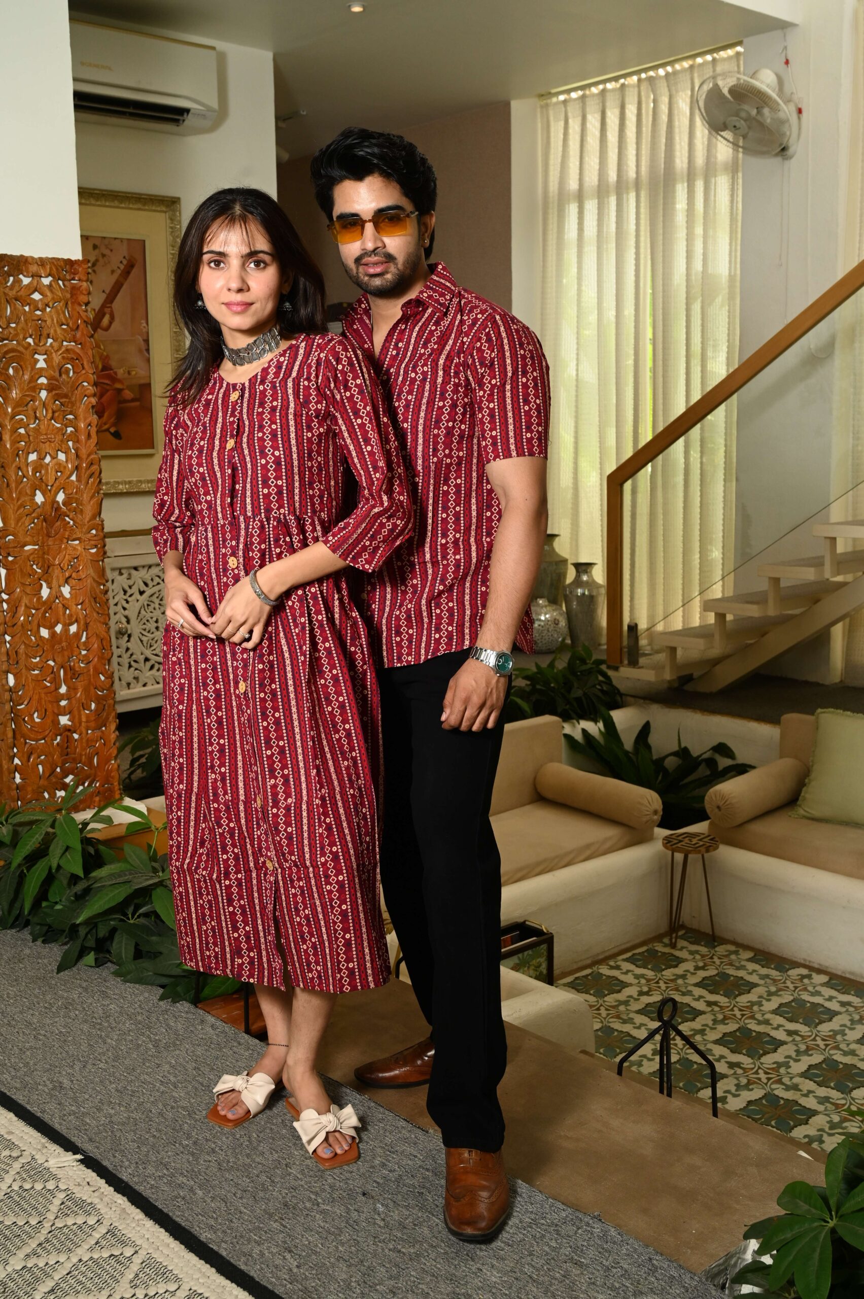 Couple Matching Maroon Cotton Anarkali Midi Dress and Shirt Set ? Vertical Stripe Ethnic Print Handcrafted Decor Item for Home Decor – Sigma HandiCraft