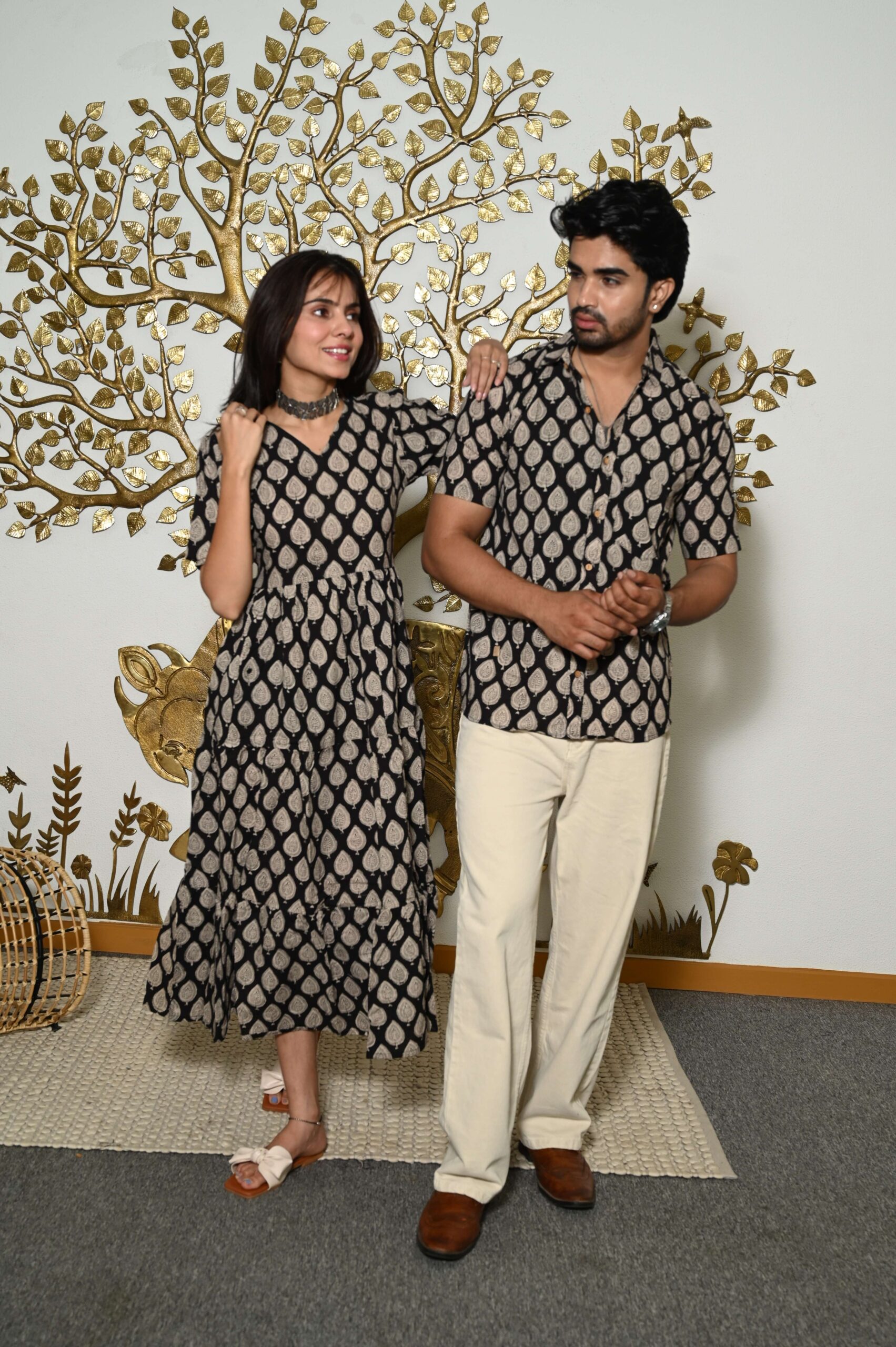 Couple Matching Black & Beige Cotton Anarkali Midi Dress and Shirt Set ? Leaf Print Twinning Outfit Handcrafted Decor Item for Home Decor – Sigma HandiCraft