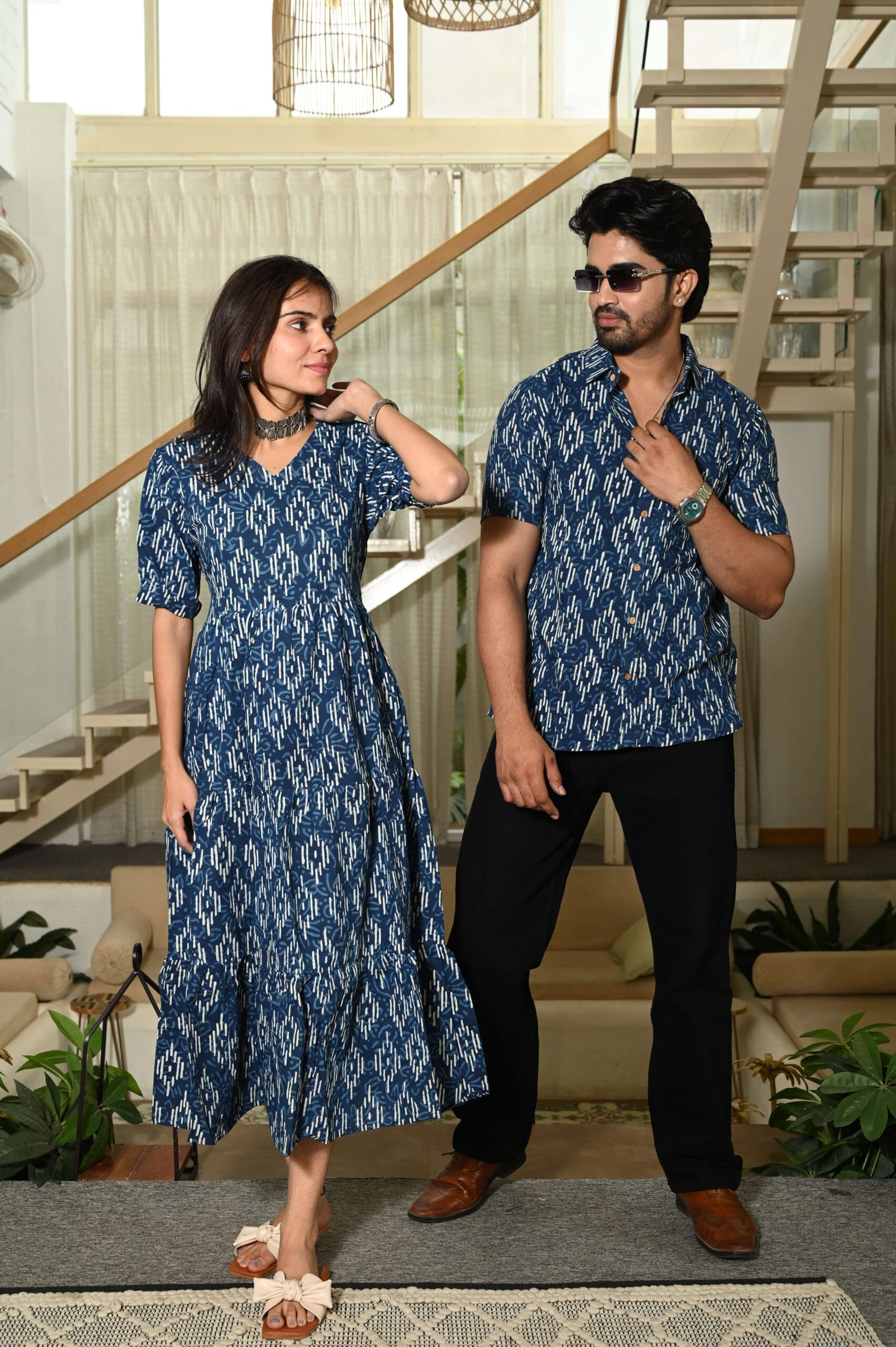 Couple Matching Blue Ikat Print Cotton Anarkali Midi Dress and Shirt Set Handcrafted Craft for Home Decor – Sigma HandiCraft
