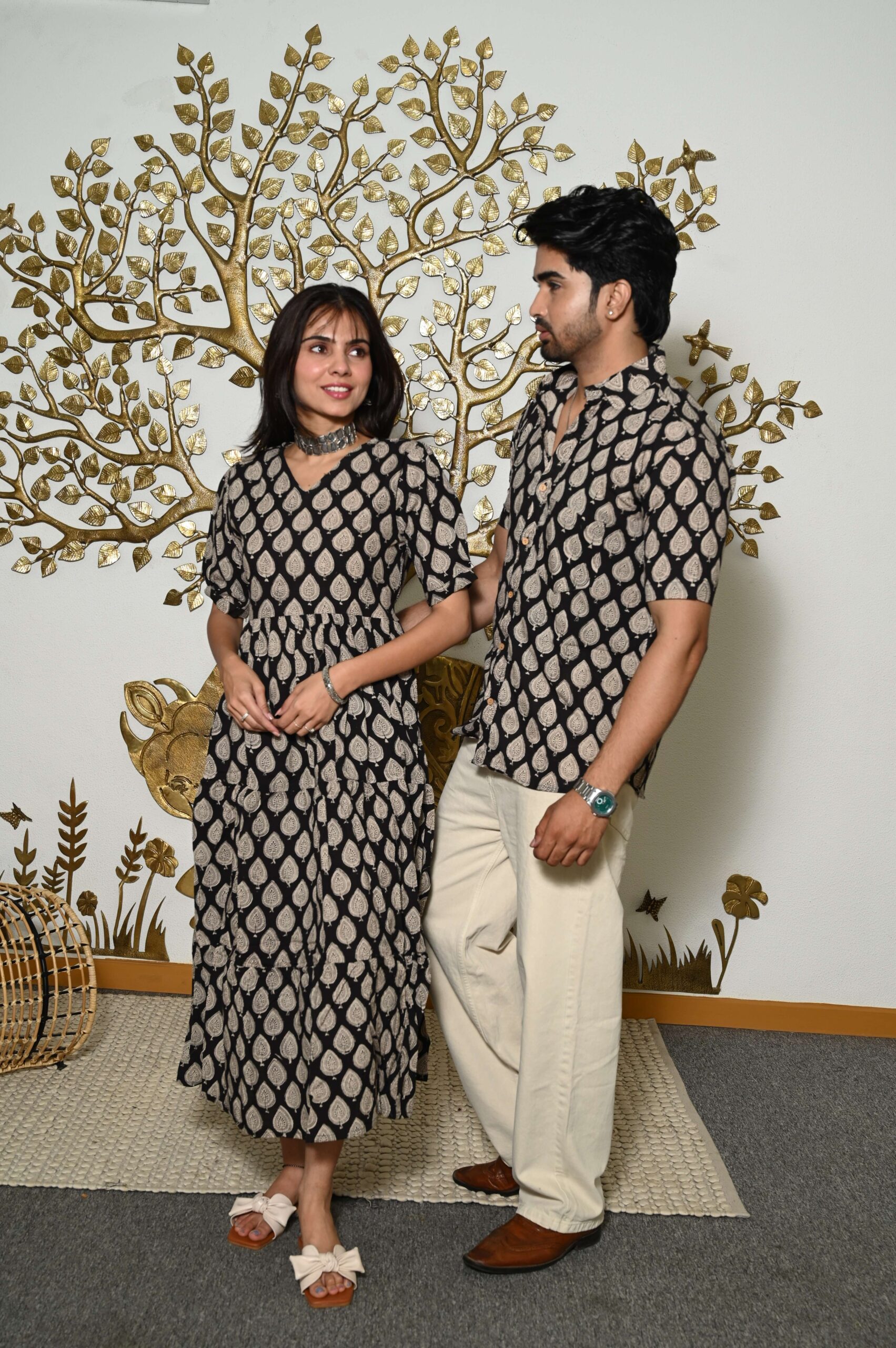 Couple Matching Black & Beige Cotton Anarkali Midi Dress and Shirt Set ? Leaf Print Twinning Outfit Handcrafted Decor Item for Home Decor – Sigma HandiCraft