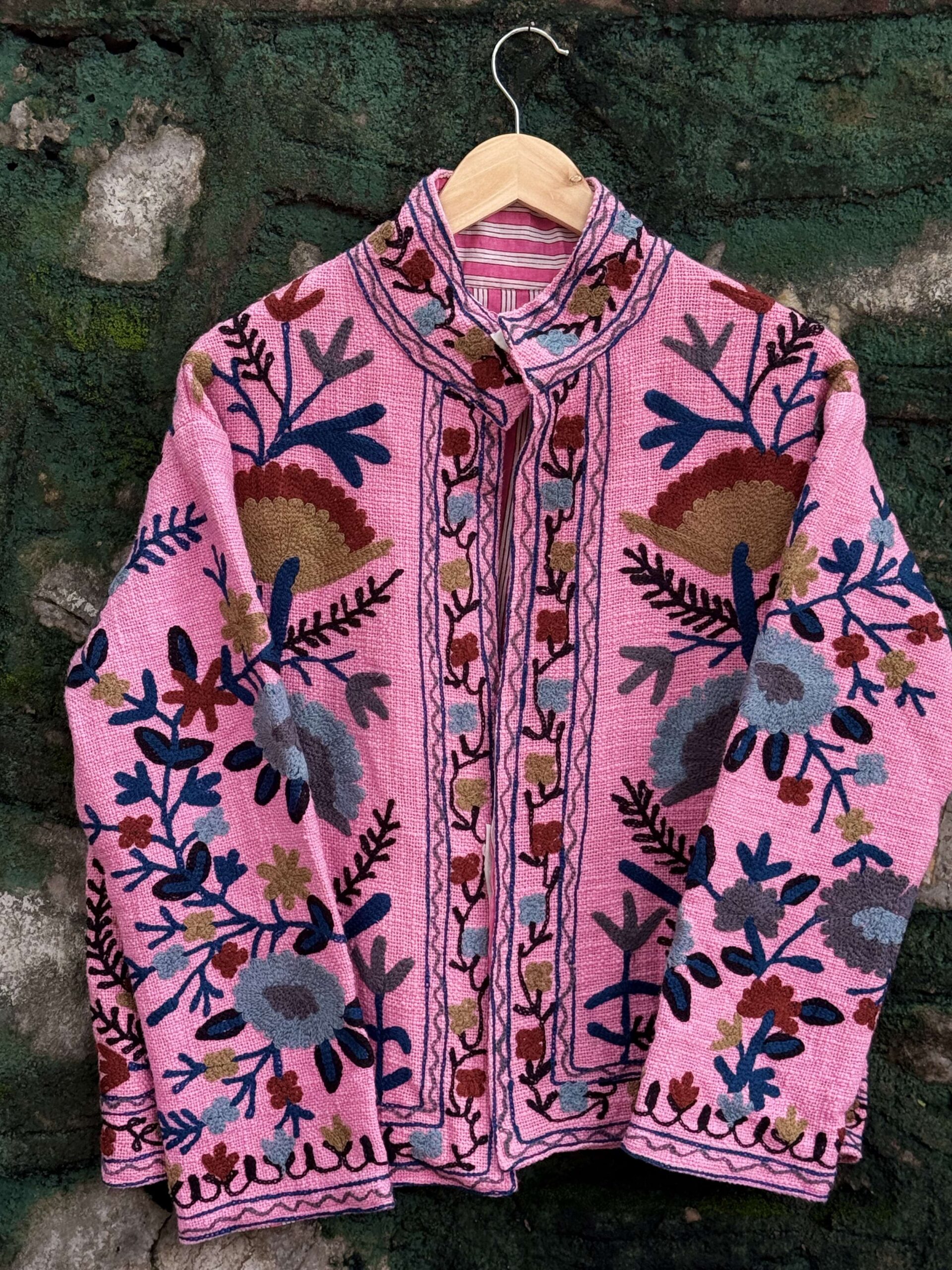 Womens Pink Velvet Embroidered Jacket with Floral Design Handcrafted Art for Home Decor – Sigma HandiCraft