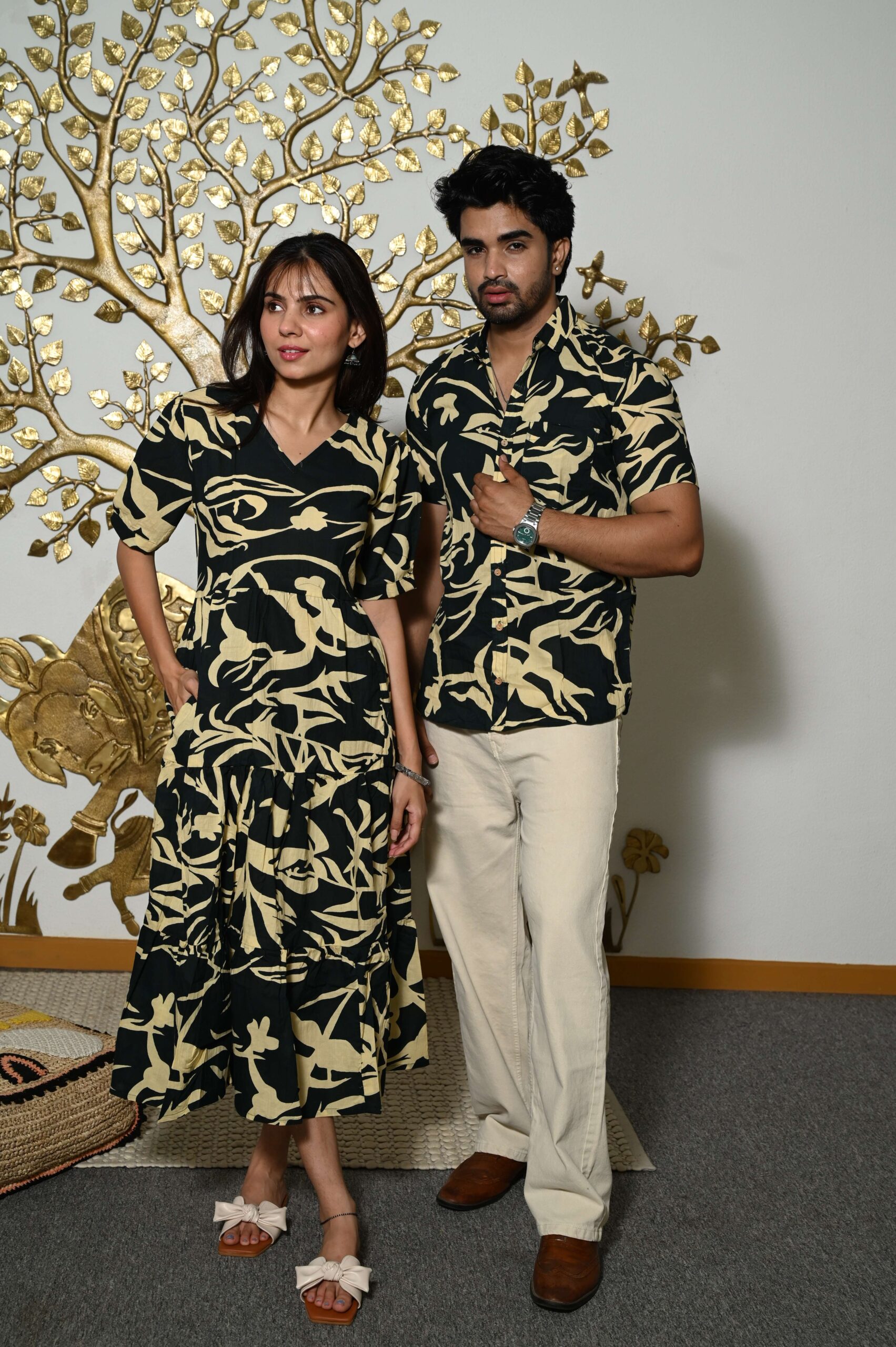 Couple Matching Black Printed Cotton Anarkali Midi Dress & Shirt Set ? Summer Casual Wear Handcrafted Decor Item for Home Decor – Sigma HandiCraft