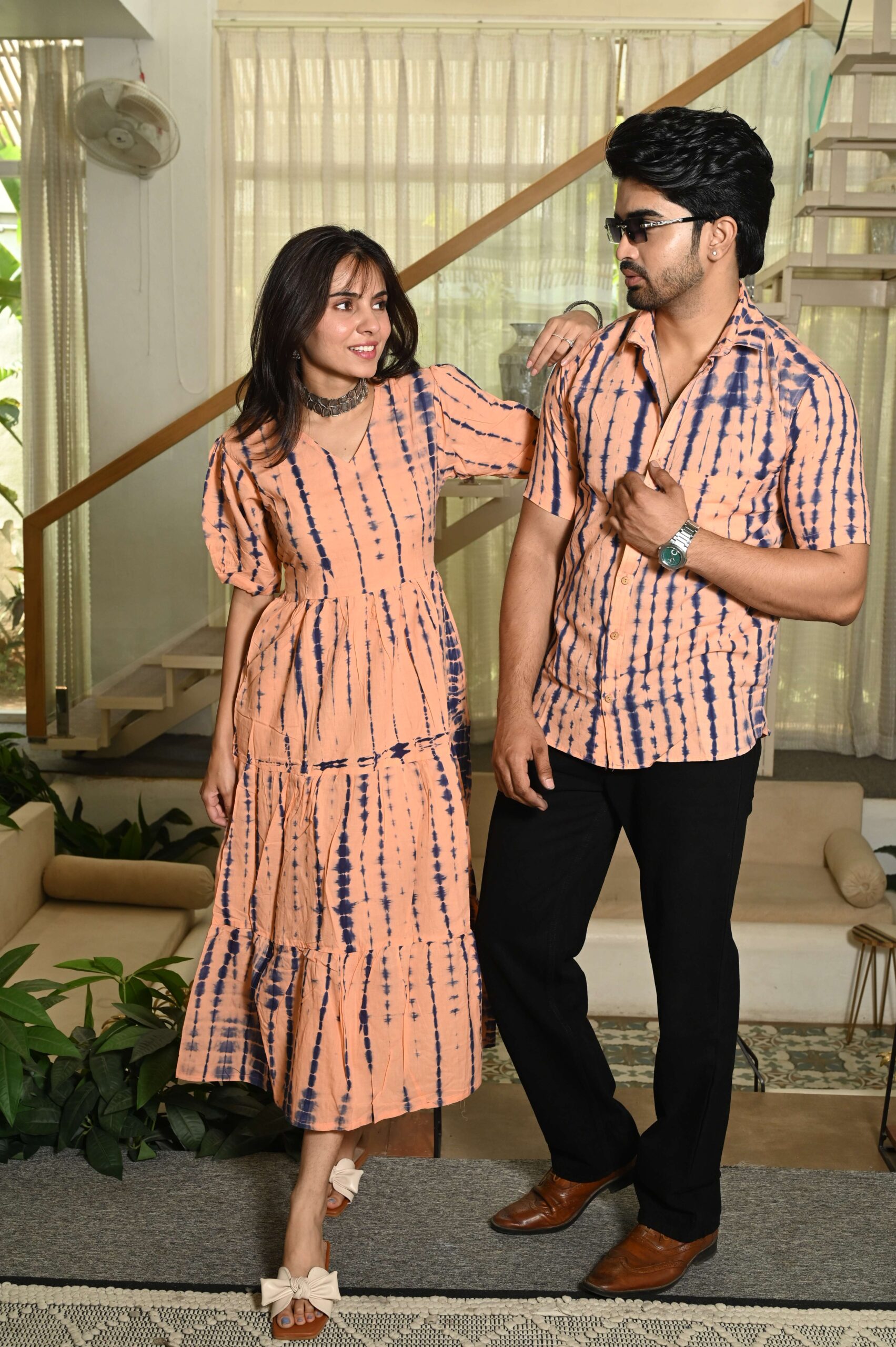 Couple Matching Peach Printed Cotton Anarkali Midi Dress & Shirt Set ? Summer Casual Wear Handcrafted Decor Item for Home Decor – Sigma HandiCraft