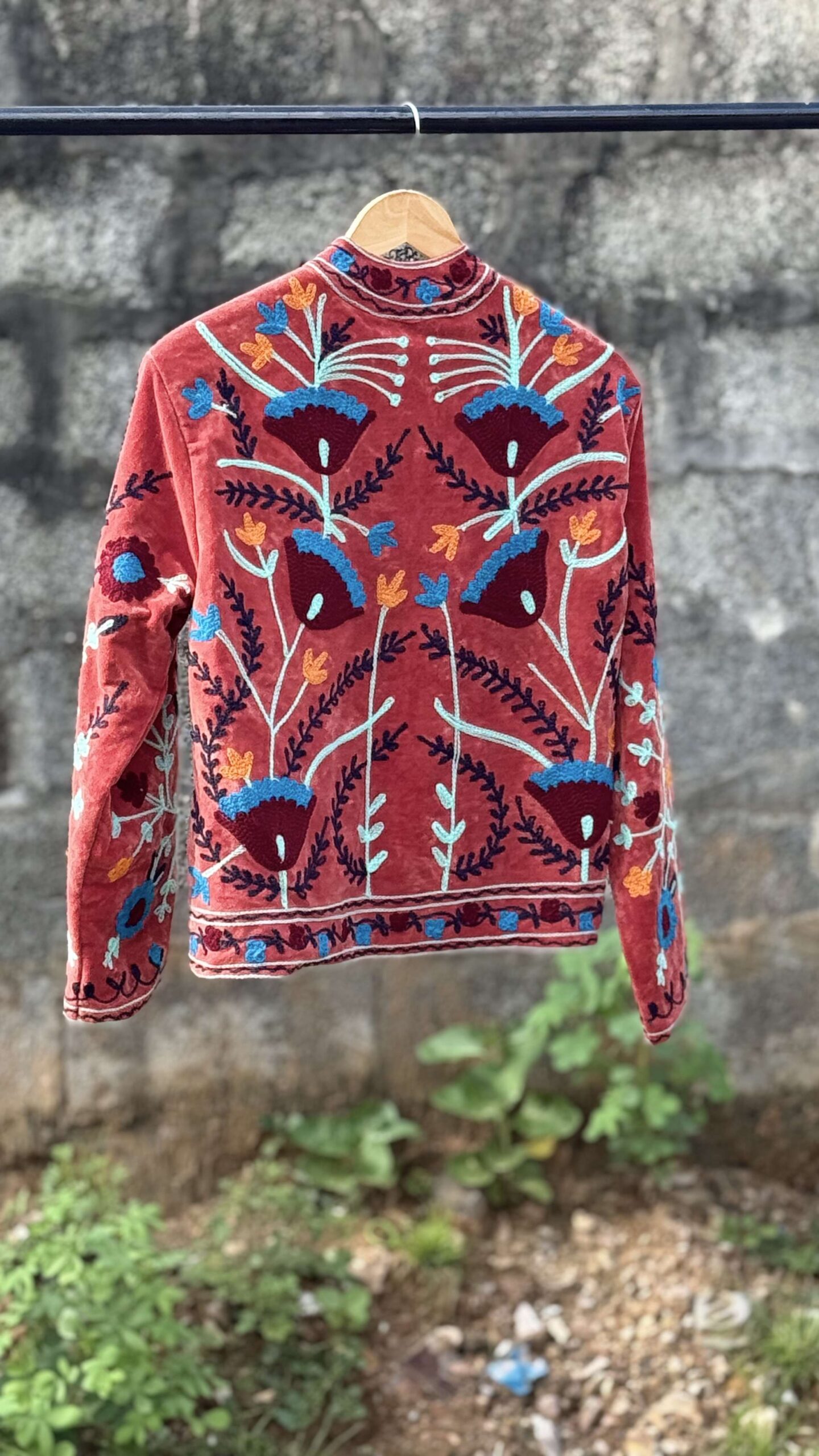 Womens Terracotta Velvet Embroidered Jacket with Floral Design Handcrafted Art for Home Decor – Sigma HandiCraft