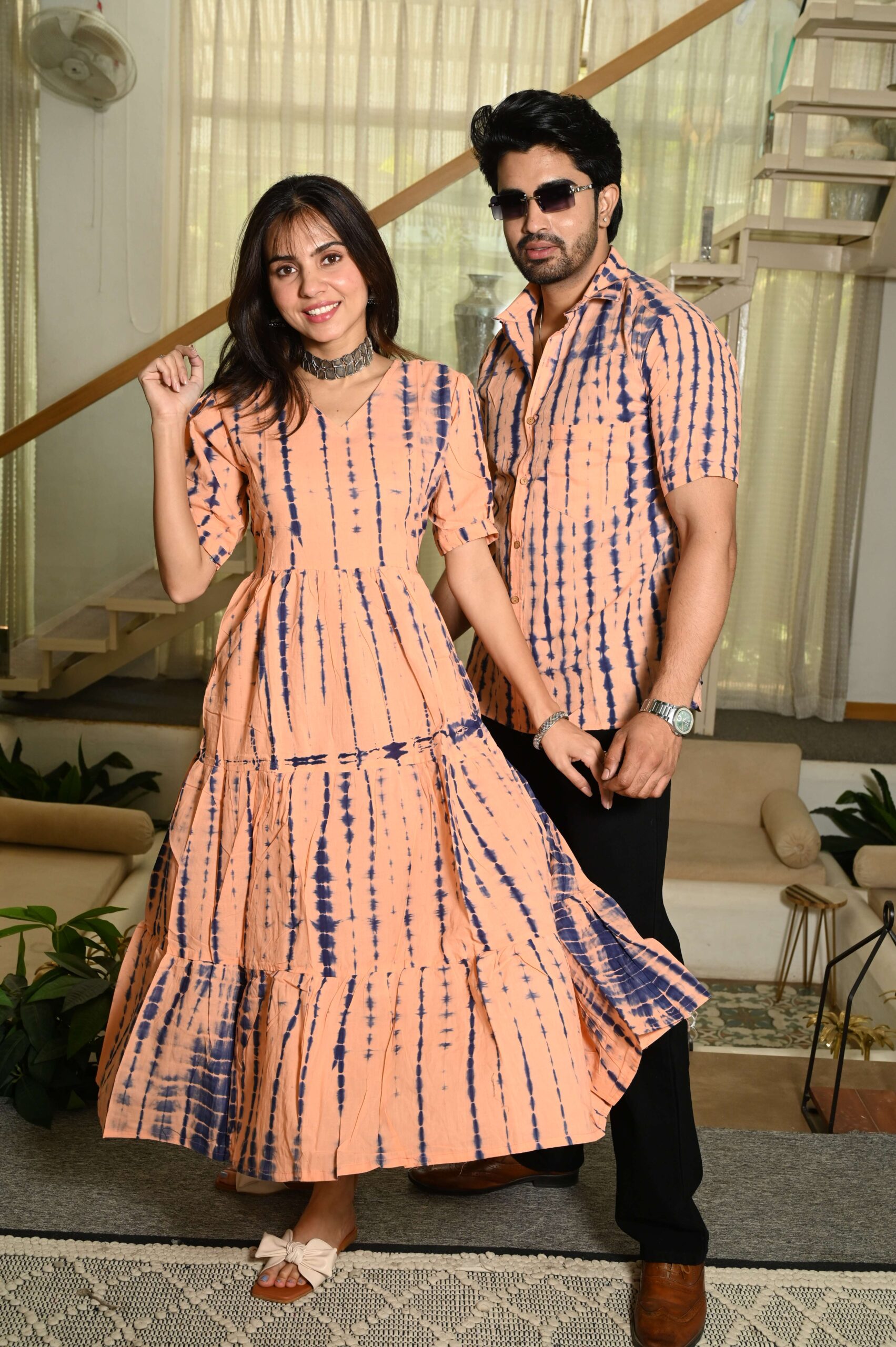 Couple Matching Peach Printed Cotton Anarkali Midi Dress & Shirt Set ? Summer Casual Wear Handcrafted Decor Item for Home Decor – Sigma HandiCraft