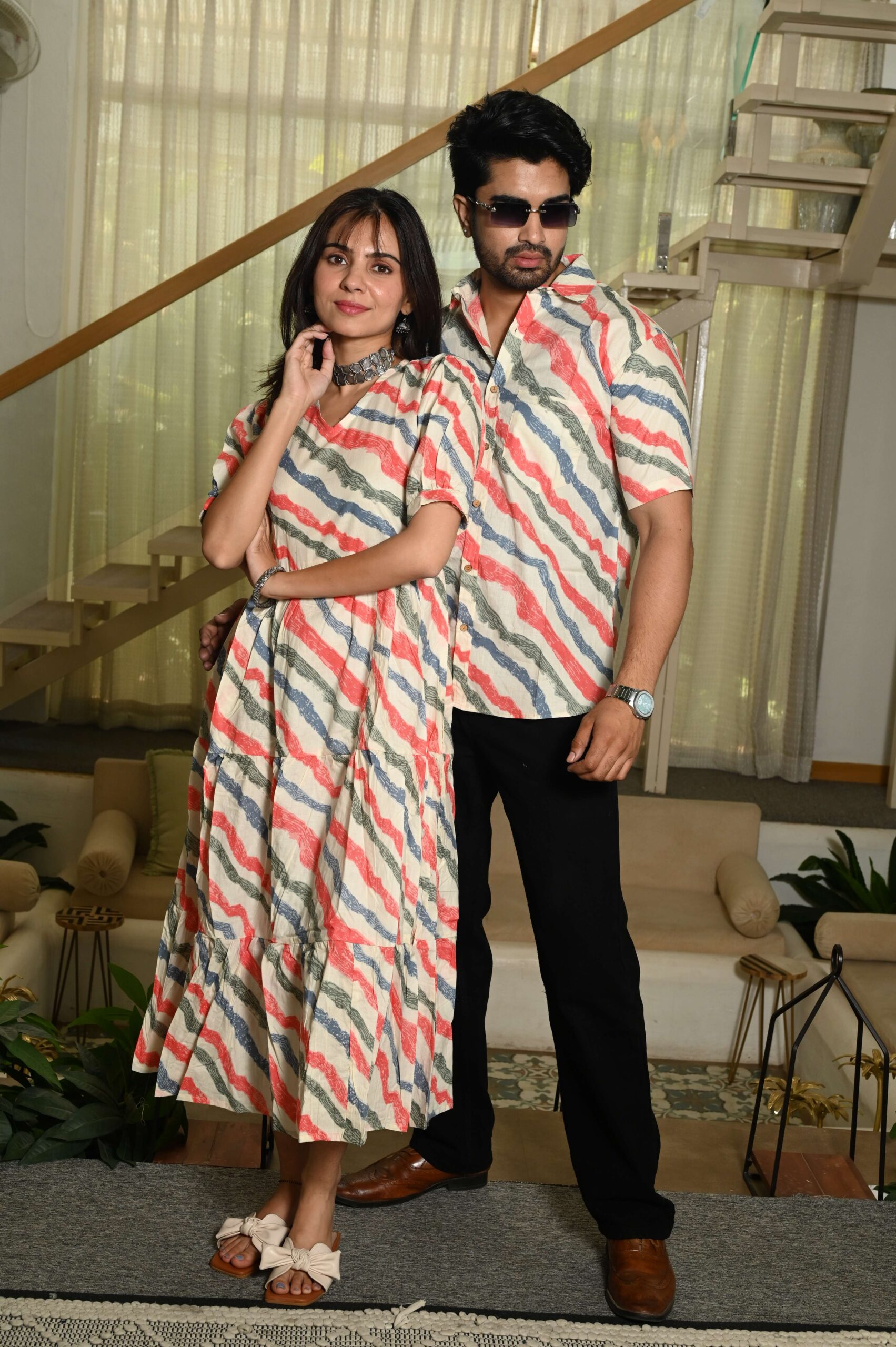 Couple Matching Cream Cotton Anarkali Midi Dress and Shirt Set ? Wavy Red & Blue Stripes Handcrafted Decor Item for Home Decor – Sigma HandiCraft