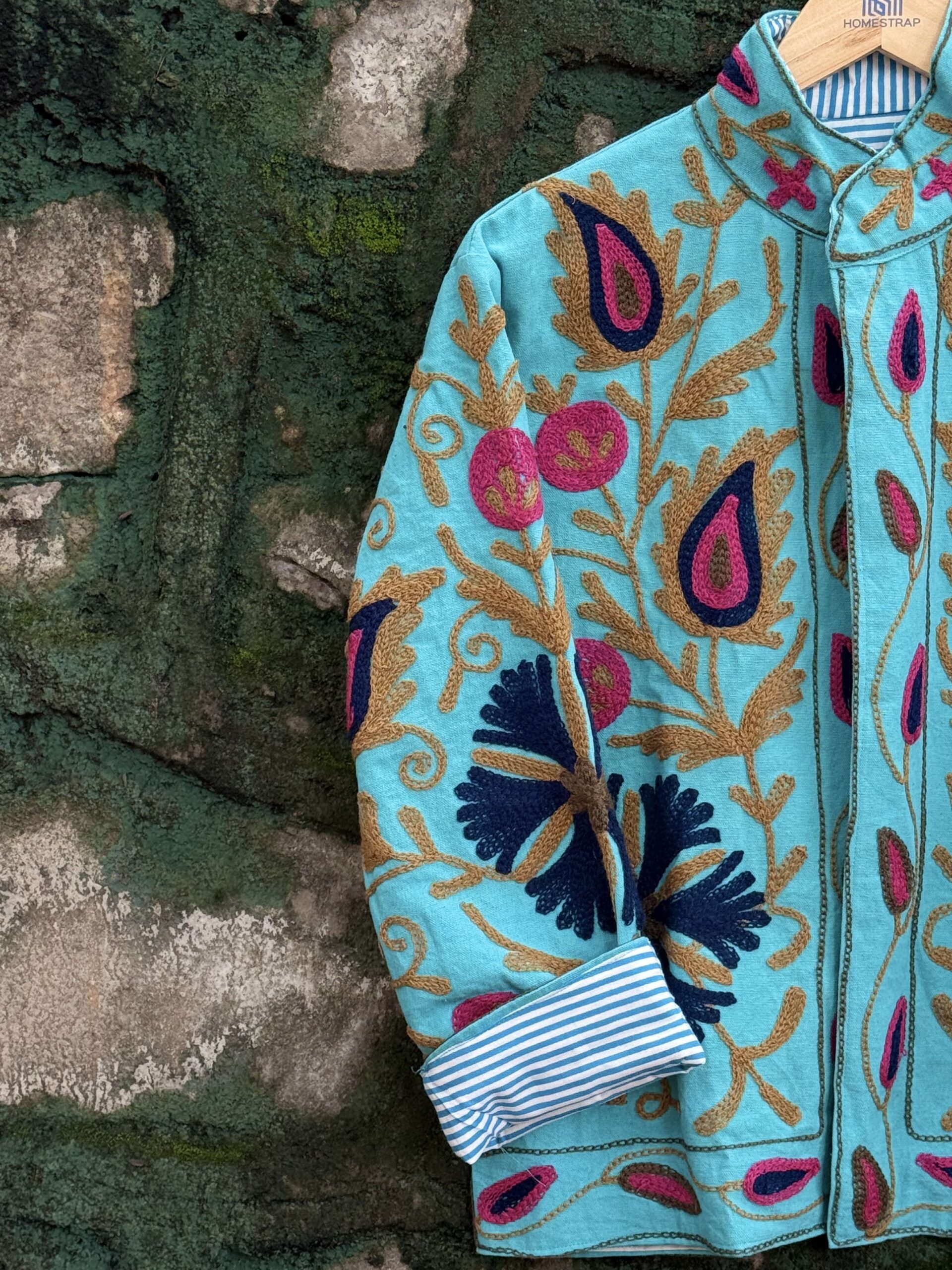 Womens Teal Blue Velvet Embroidered Jacket with Floral Design Handcrafted Art for Home Decor – Sigma HandiCraft