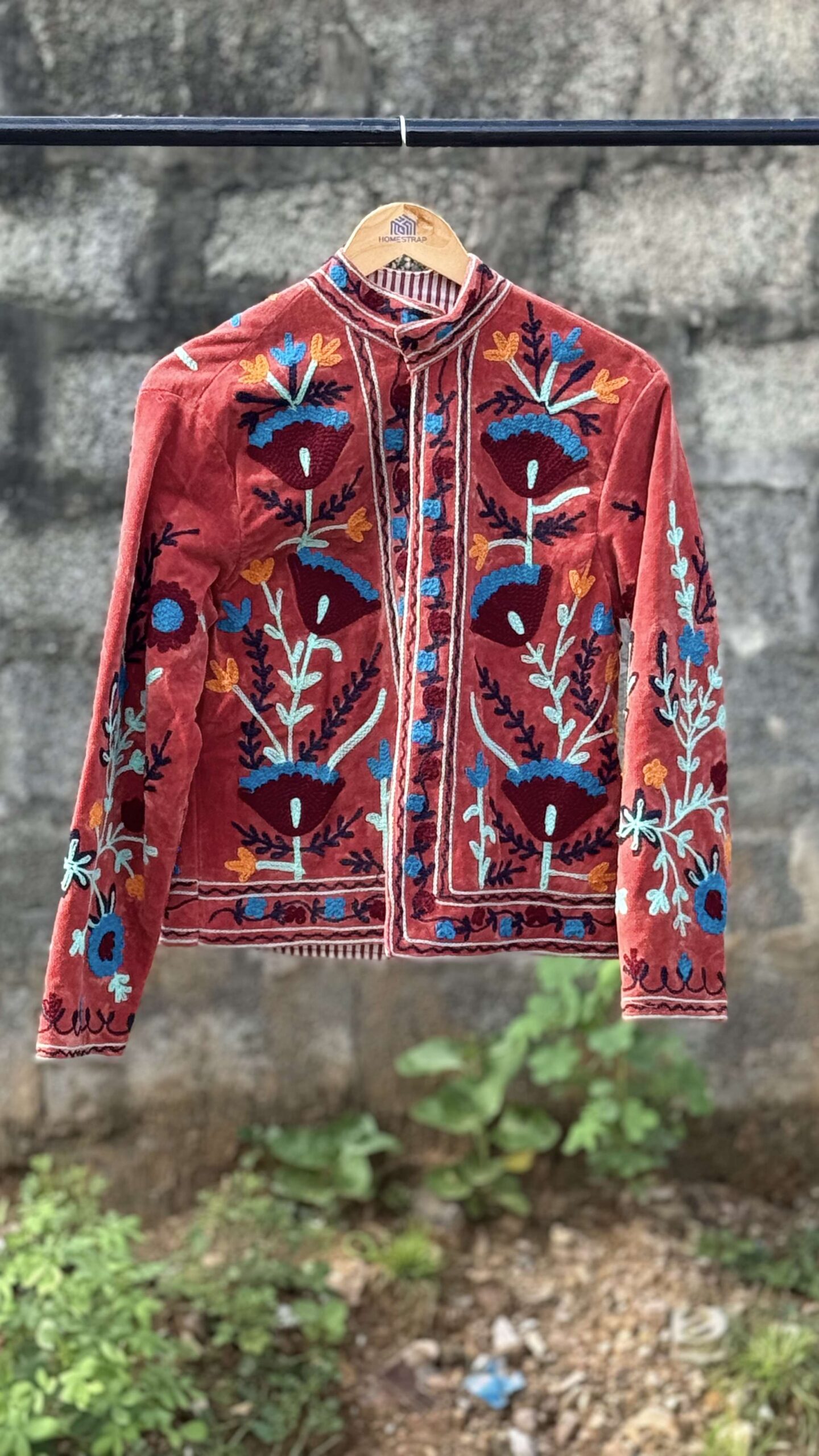 Womens Terracotta Velvet Embroidered Jacket with Floral Design Handcrafted Art for Home Decor – Sigma HandiCraft