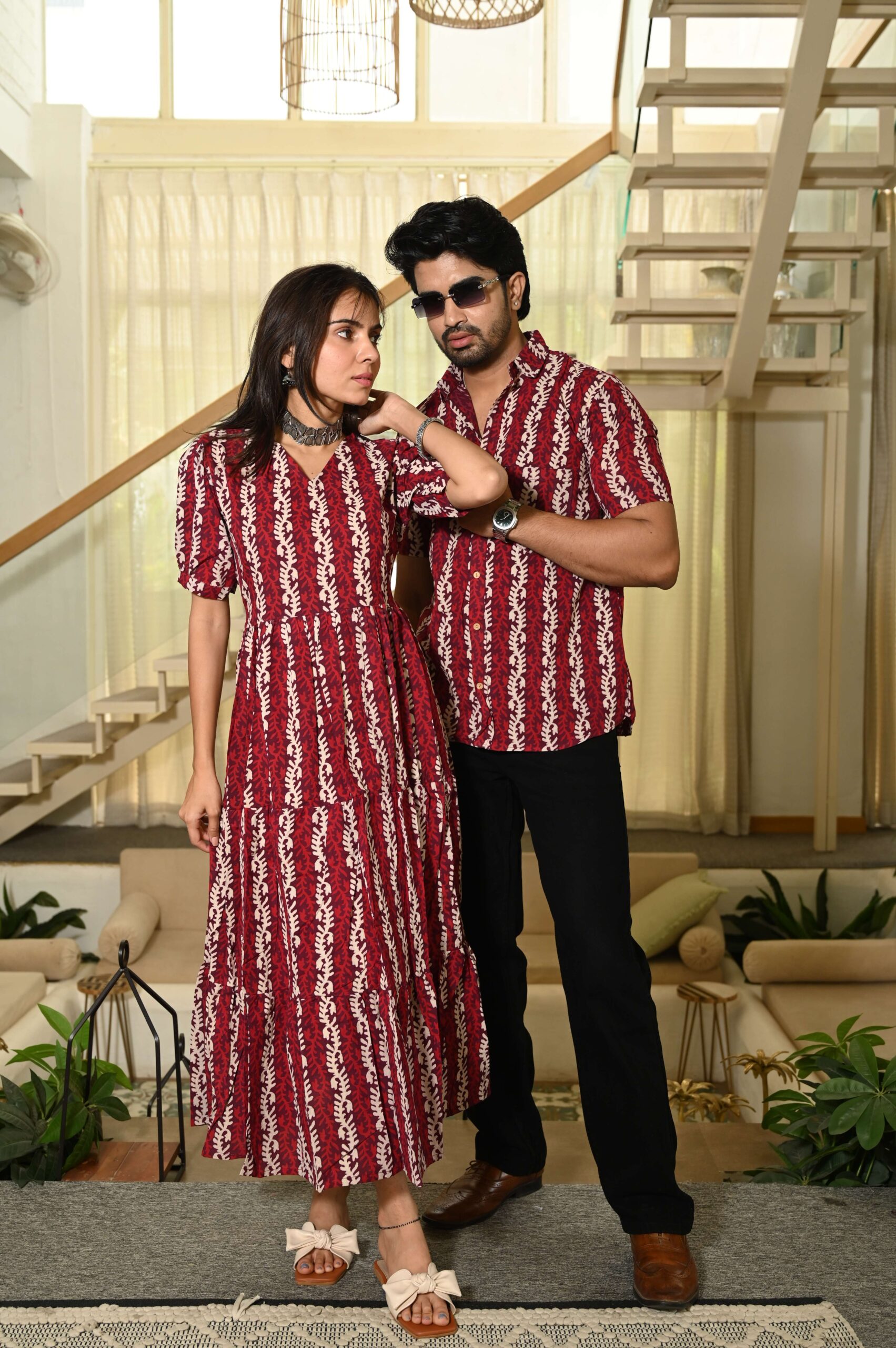 Couple Matching Red Cotton Anarkali Midi Dress and Shirt Set ? Vertical Vine Block Print Handcrafted Decor Item for Home Decor – Sigma HandiCraft