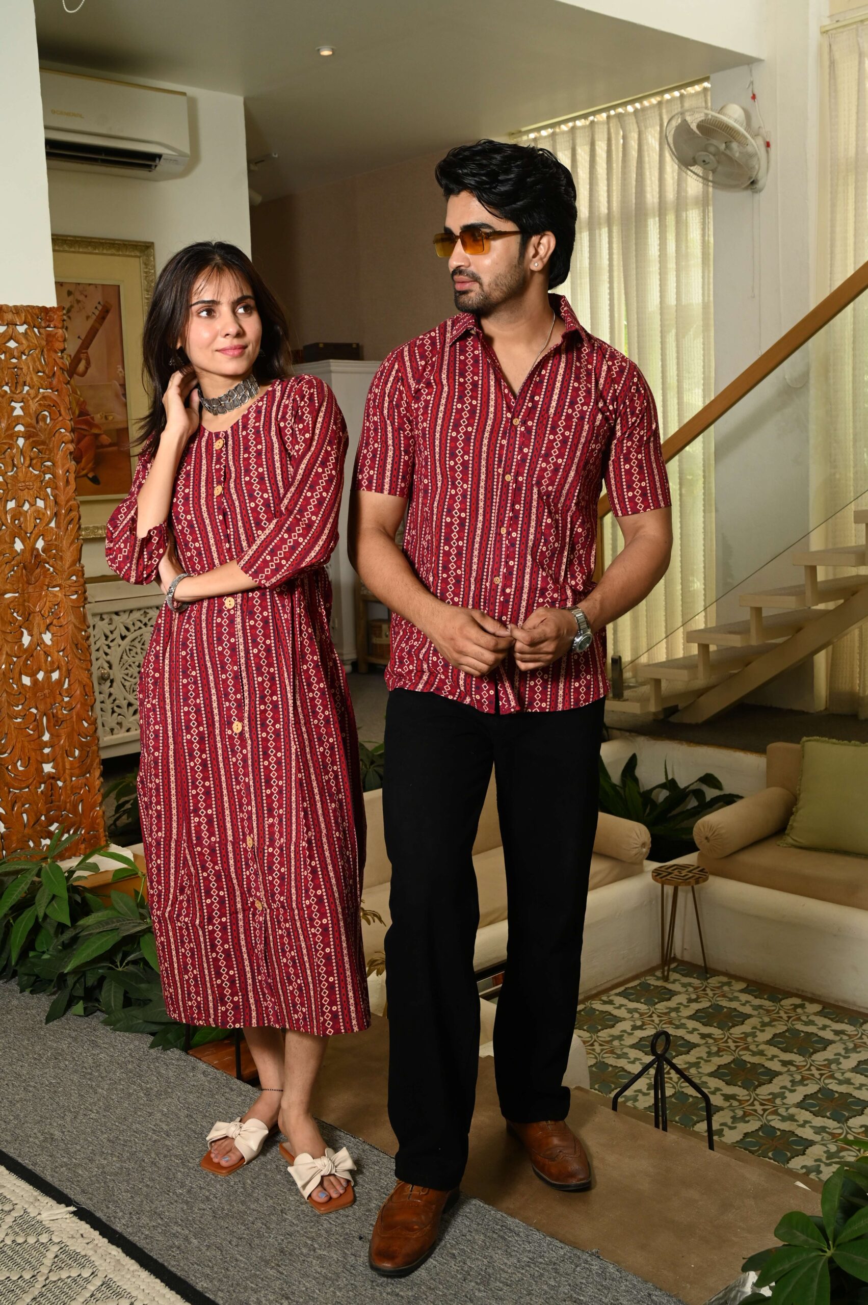 Couple Matching Maroon Cotton Anarkali Midi Dress and Shirt Set ? Vertical Stripe Ethnic Print Handcrafted Decor Item for Home Decor – Sigma HandiCraft
