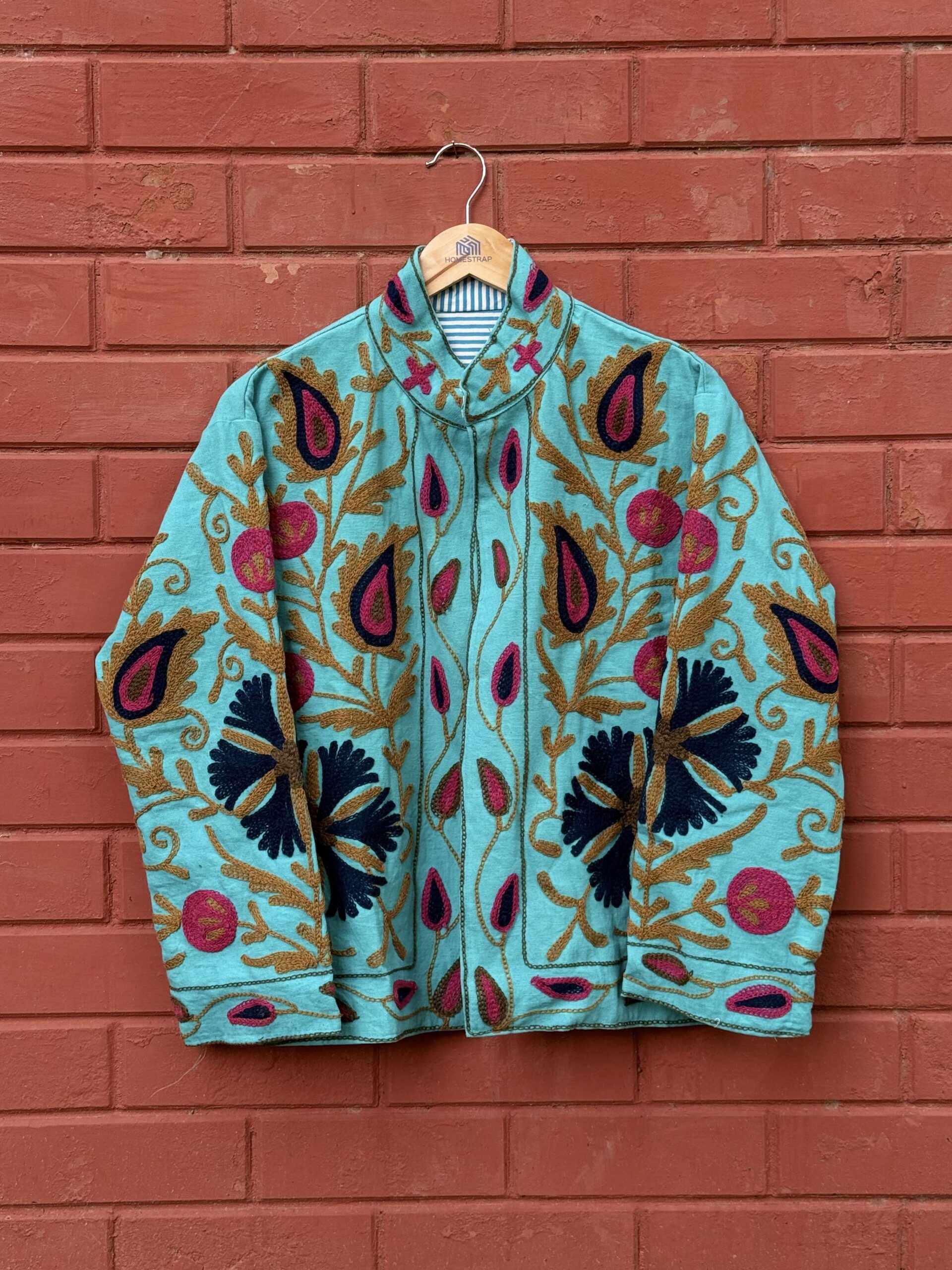 Womens Teal Blue Velvet Embroidered Jacket with Floral Design Handcrafted Art for Home Decor – Sigma HandiCraft