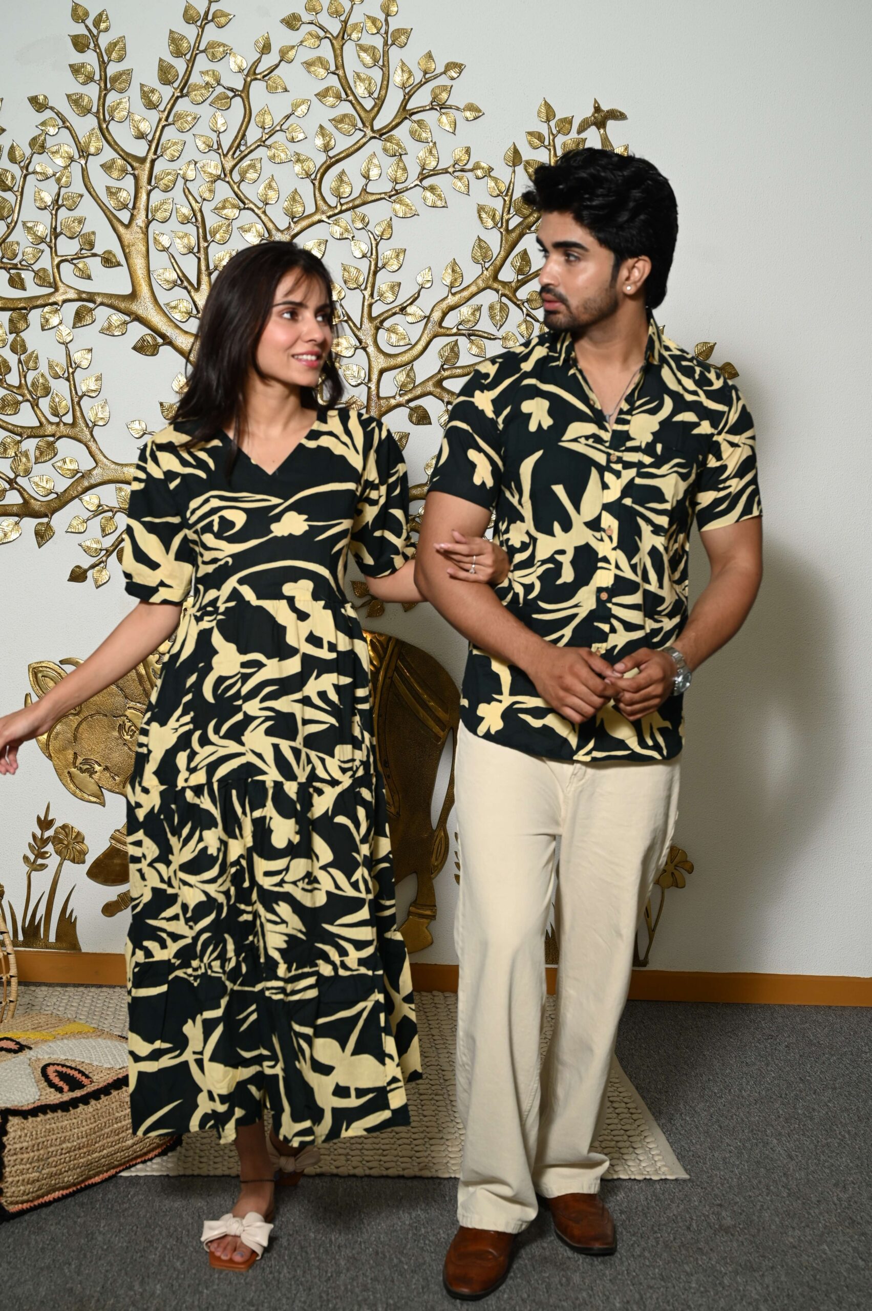 Couple Matching Black Printed Cotton Anarkali Midi Dress & Shirt Set ? Summer Casual Wear Handcrafted Decor Item for Home Decor – Sigma HandiCraft