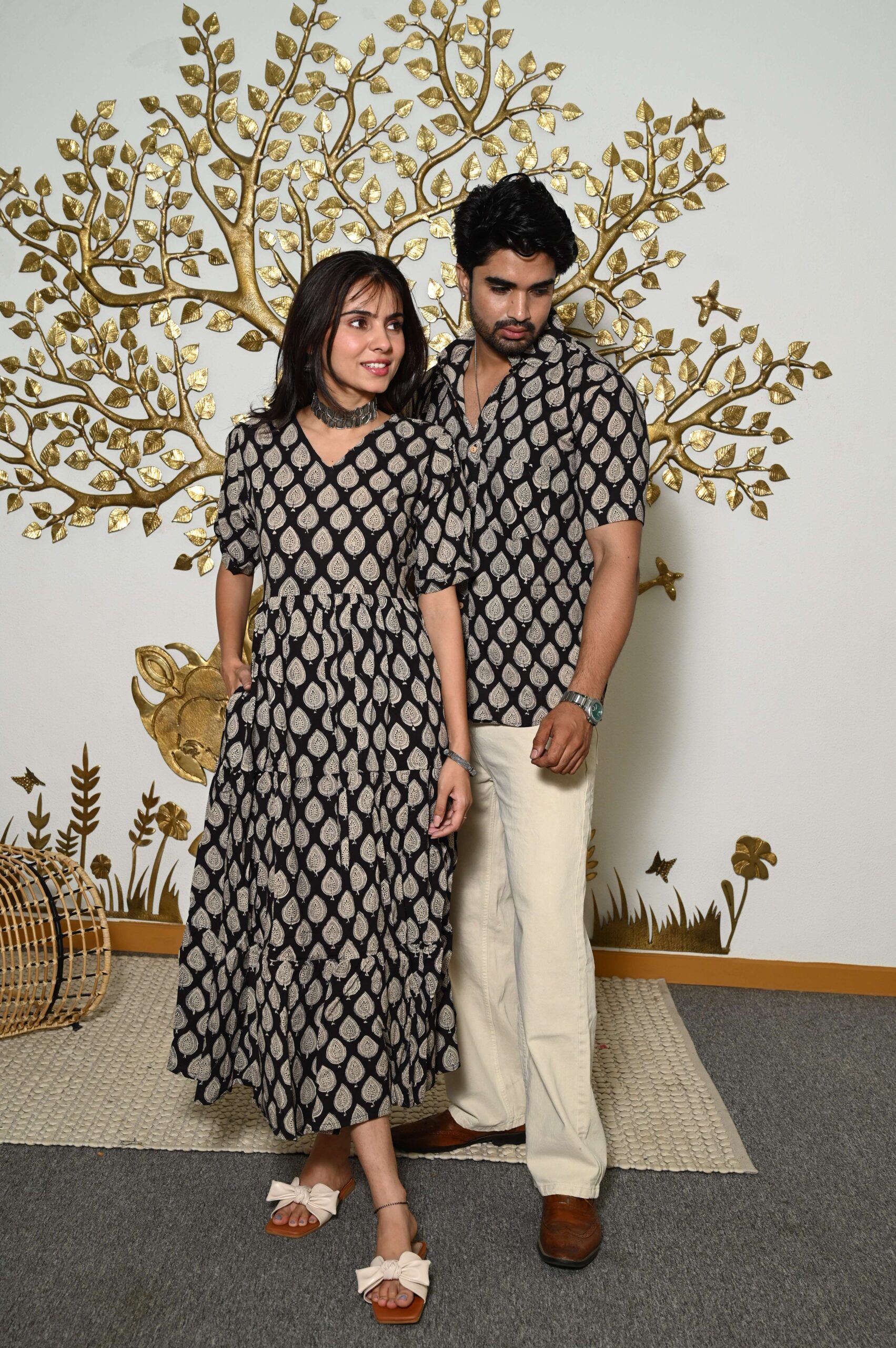 Couple Matching Black & Beige Cotton Anarkali Midi Dress and Shirt Set ? Leaf Print Twinning Outfit Handcrafted Decor Item for Home Decor – Sigma HandiCraft