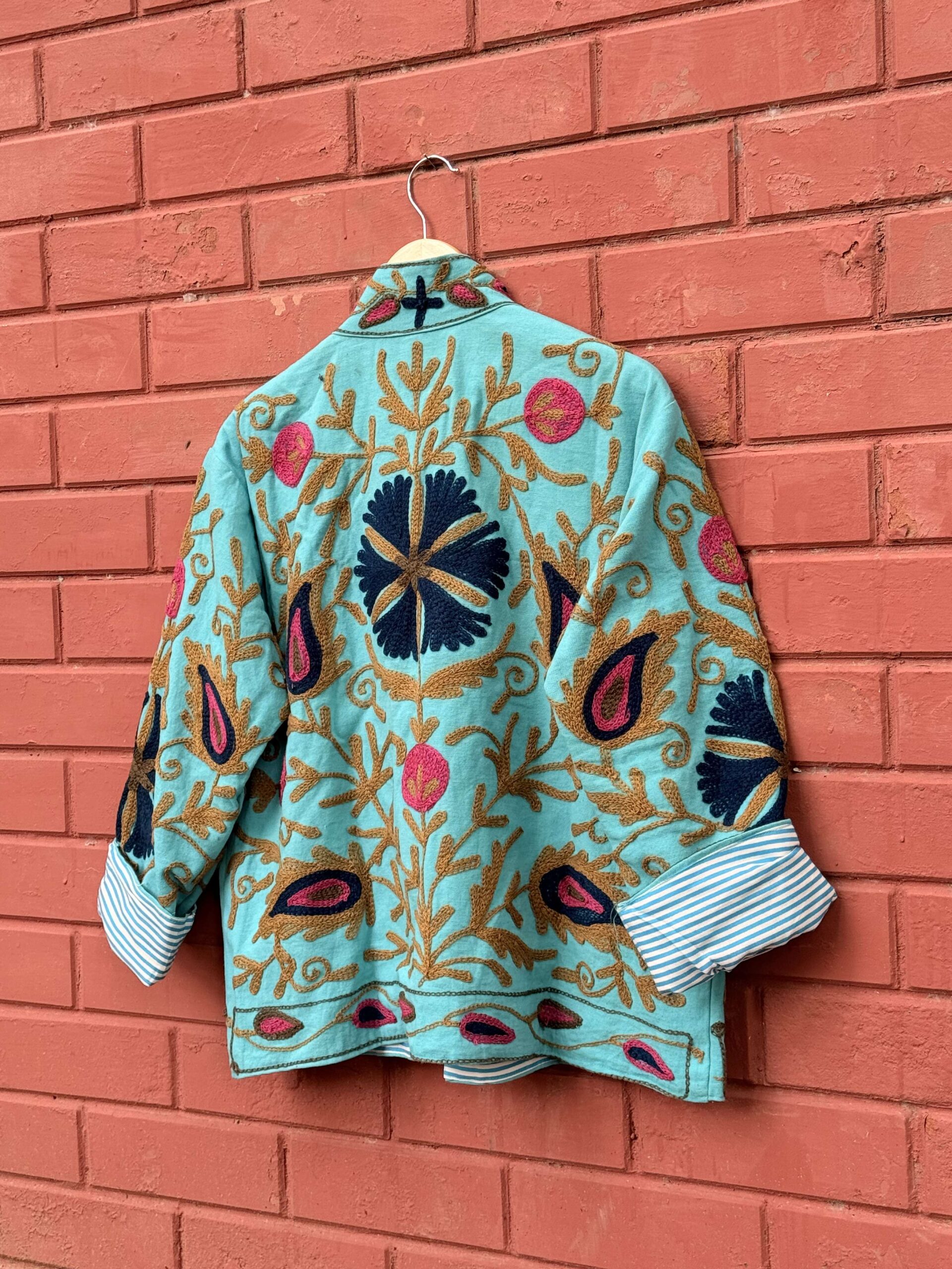 Womens Teal Blue Velvet Embroidered Jacket with Floral Design Handcrafted Art for Home Decor – Sigma HandiCraft